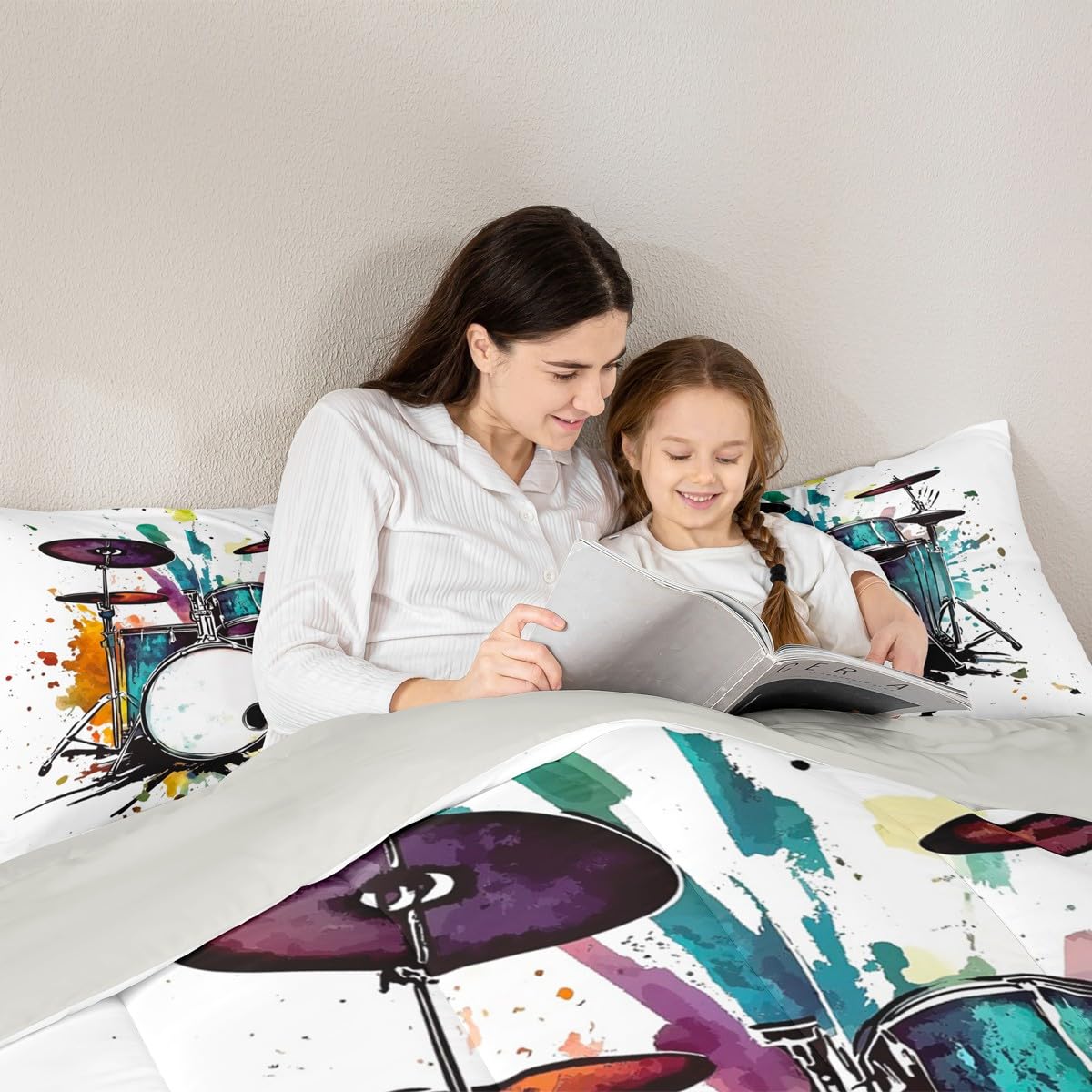 Erosebridal Drum Kit Kids Comforter Sets Rock Music Instrument Queen Bedding Set for Boys Girls Watercolor Drum Kit Comforter Set,Music Theme Quilt Duvet 3 Pcs