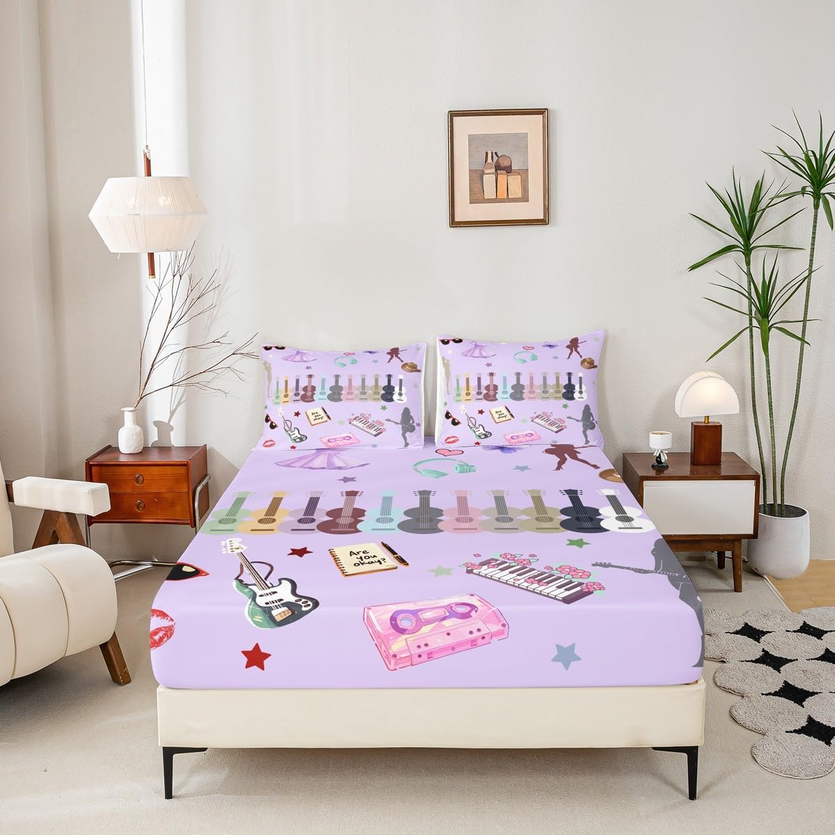 Erosebridal Music Fans Print King Bed Sheets Set Guitar Sheet Set Purple Sheets Modern Fashion Flat Fitted Sheet Gift for Singer Fans