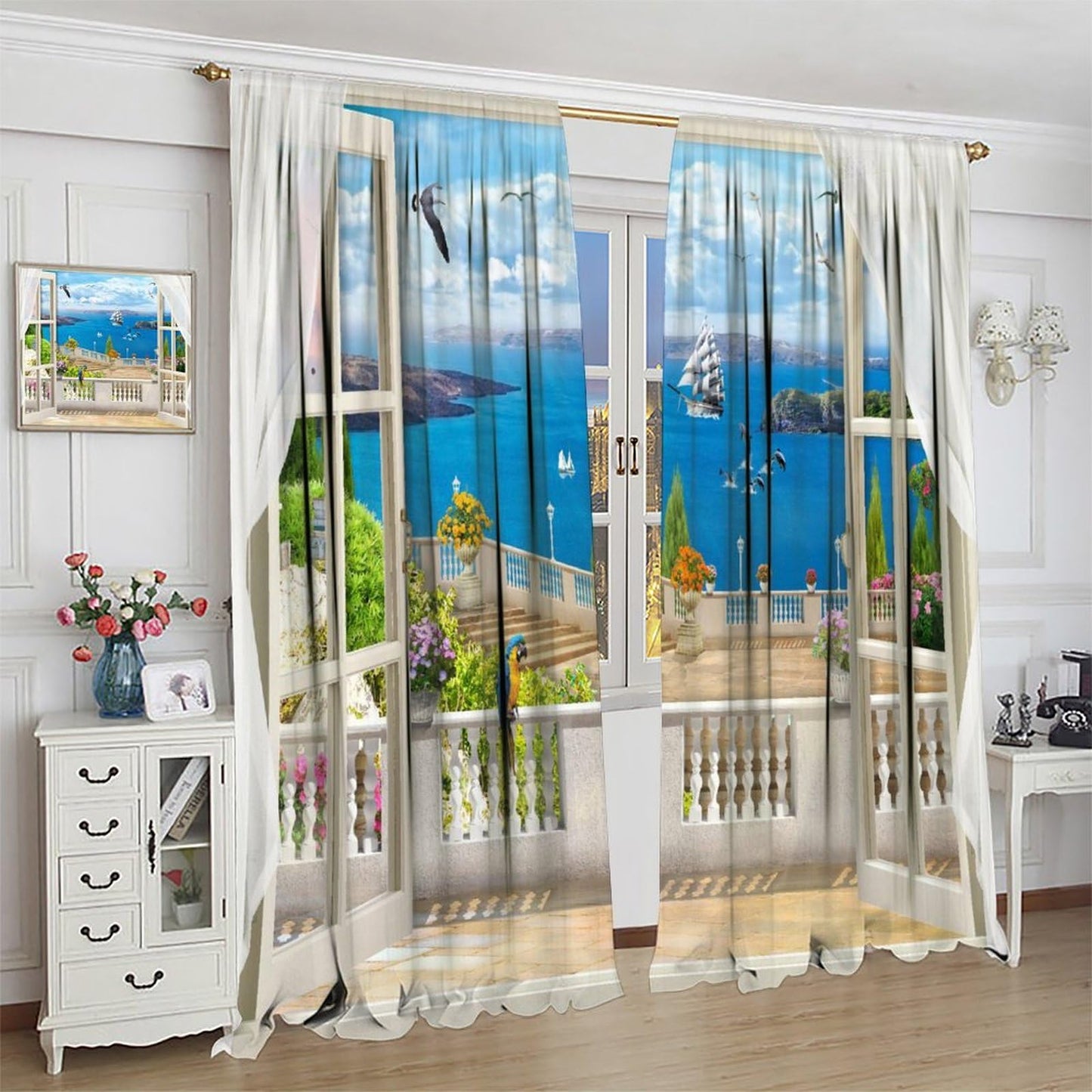 ICMOLYYENLO Natural Scenery Blackout Curtains, 3D Hawaiian Tropical Beach Ocean Scenery Printed Pattern Curtains Suitable for Home Bedroom Living Room 42x44 Inches