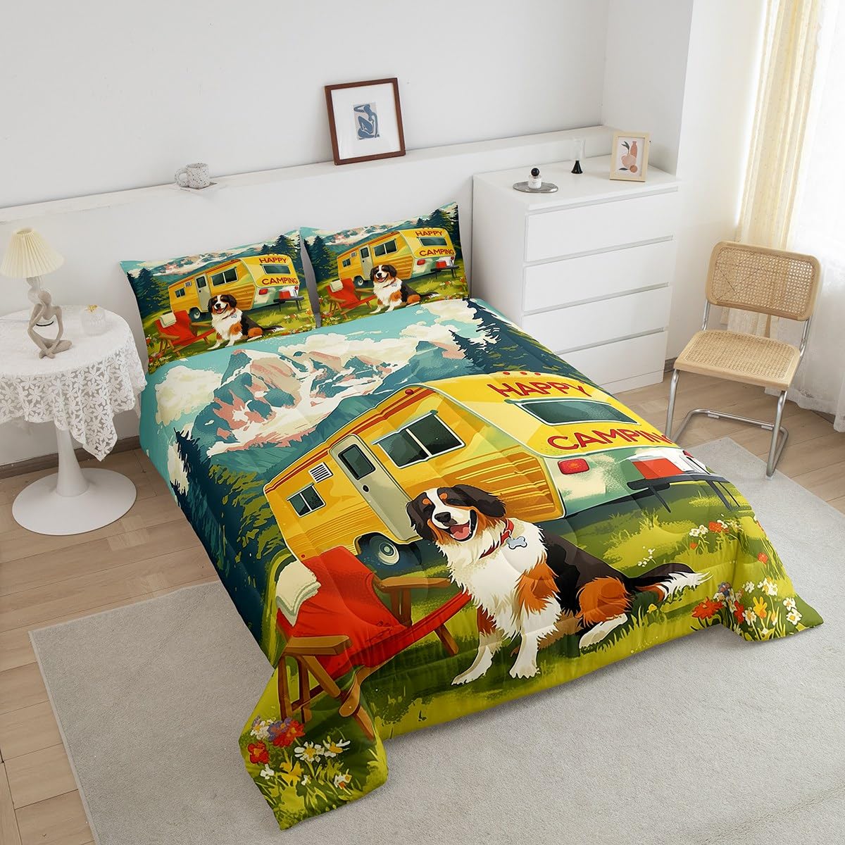 Erosebridal Camping Comforter Set for Kids Boys Girls Camper Rv Accessories Bedding Happy Camping Duvet Set Rustic Cabin Decor Comforter King with 2 Pillowcases