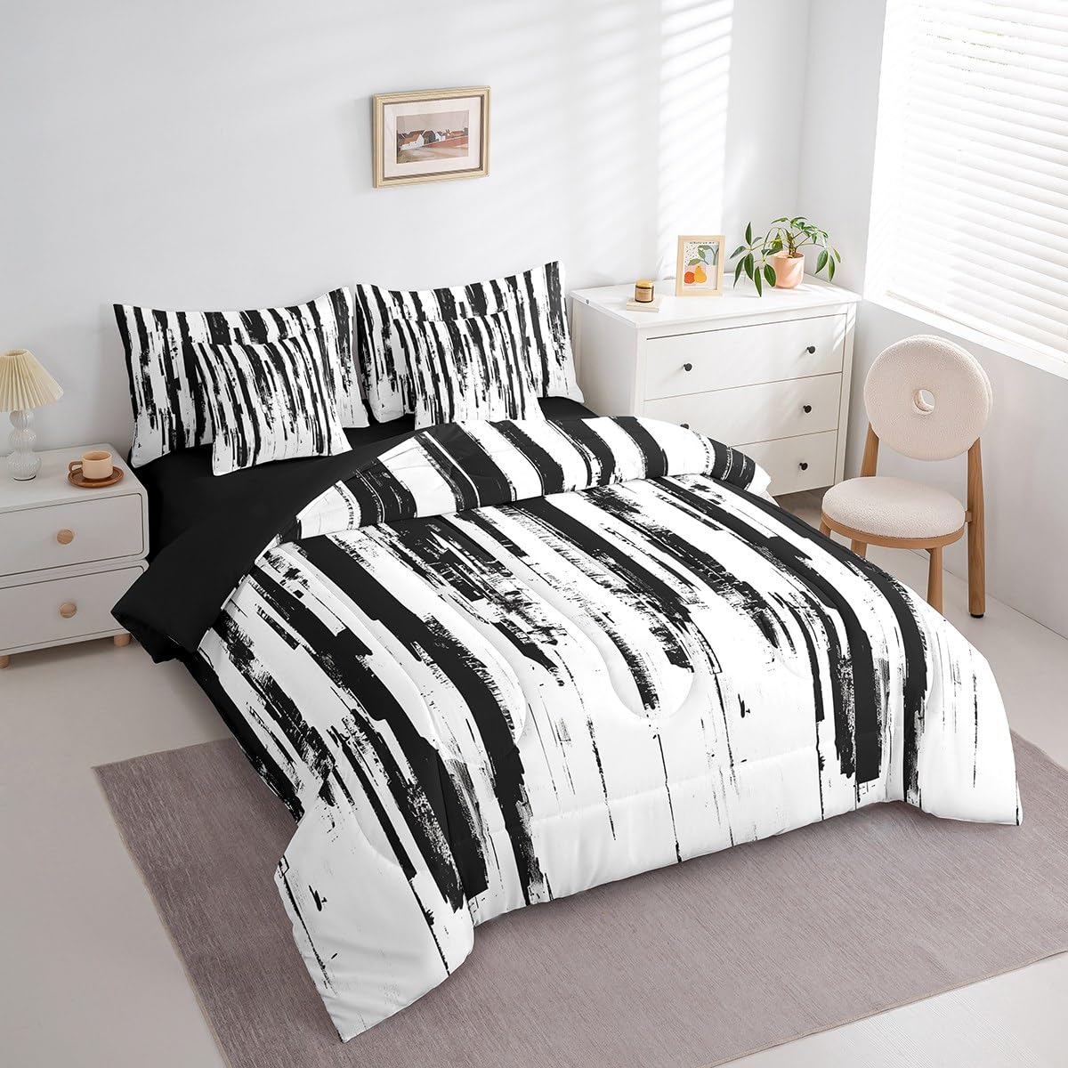 Erosebridal 7Pcs Black and White Boho King Comforter Set,Geometric Striped Abstract Bed in A Bag for Women Men Teens,Modern Art Aesthetic Bedding,White and Black Ink Quilt Set with Pillowcases