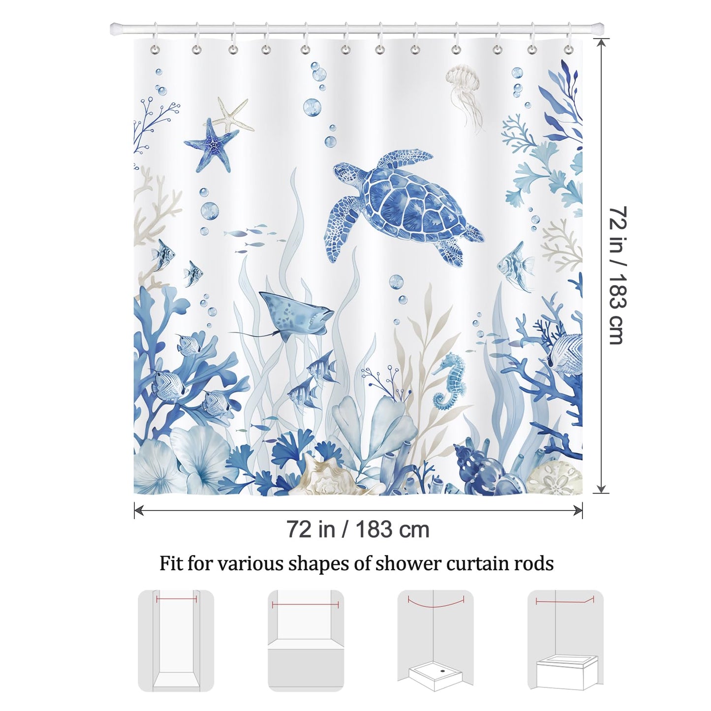 Bonhause Nautical Coastal Shower Curtain, Blue Beige Turtle Fish Coral Ocean Beach Themed Bathroom Decor 72x72 Inch Waterproof Polyester Fabric with 12 Hooks