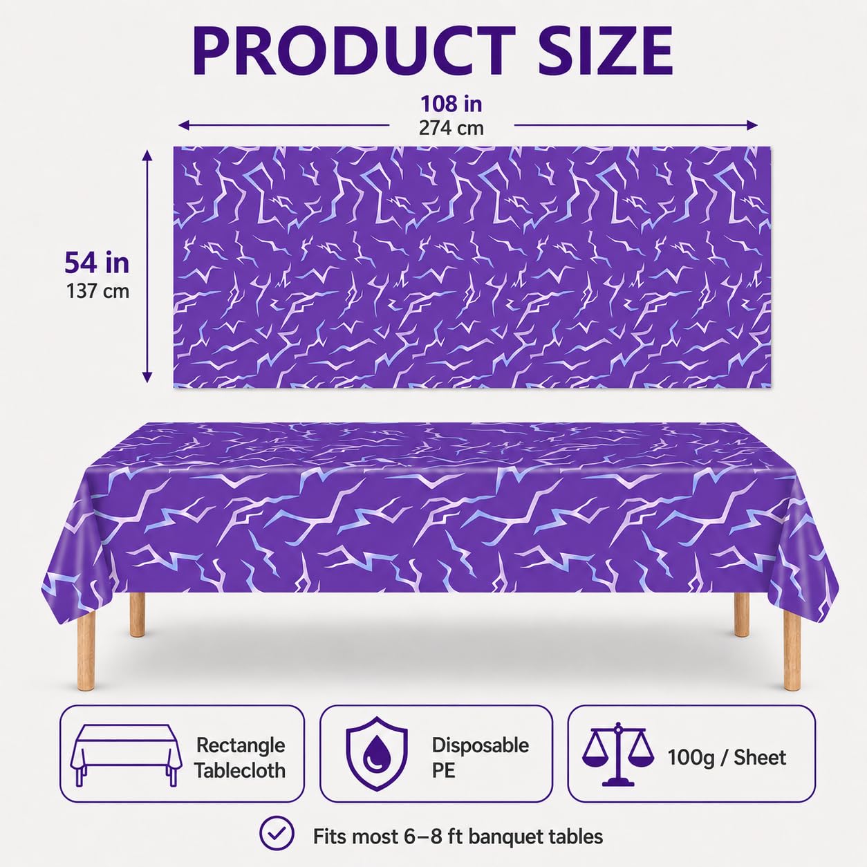 ANLLECR 3Pcs 54 x 108 Inch Purple Demon Lightning Theme Disposable Tablecloth, Waterproof Plastic Table Cover for Birthday Party, Music Themed Party, Halloween & Event Decorations