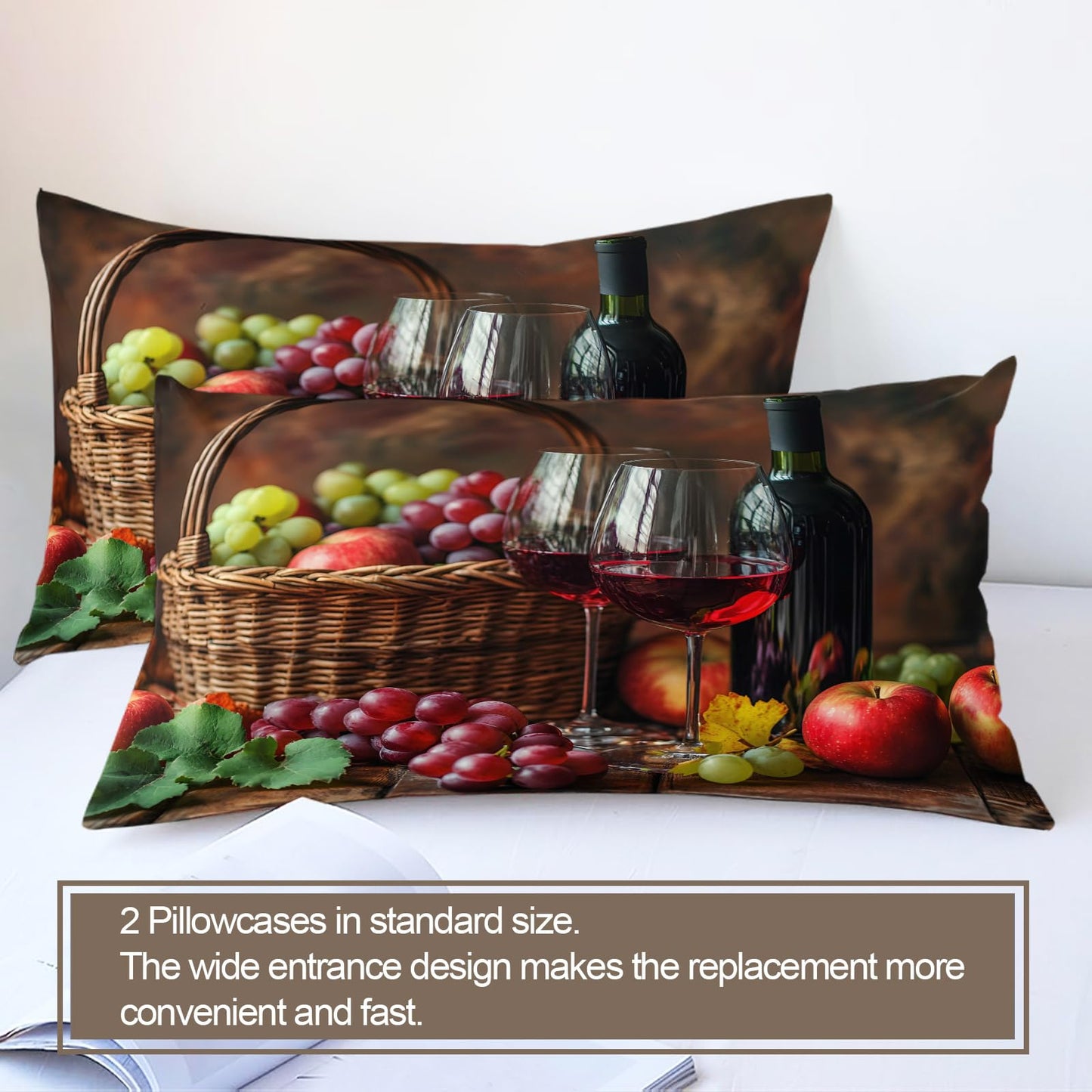 PAISUOQ Rustic Duvet Cover King Size, Country Kitchen Bedding Set, 3 Piece, Soft Microfiber Patterned Comforter Cover with Zipper Ties & 2 Pillowcase, Red Wine & Grapes Bedroom Decor & Gifts