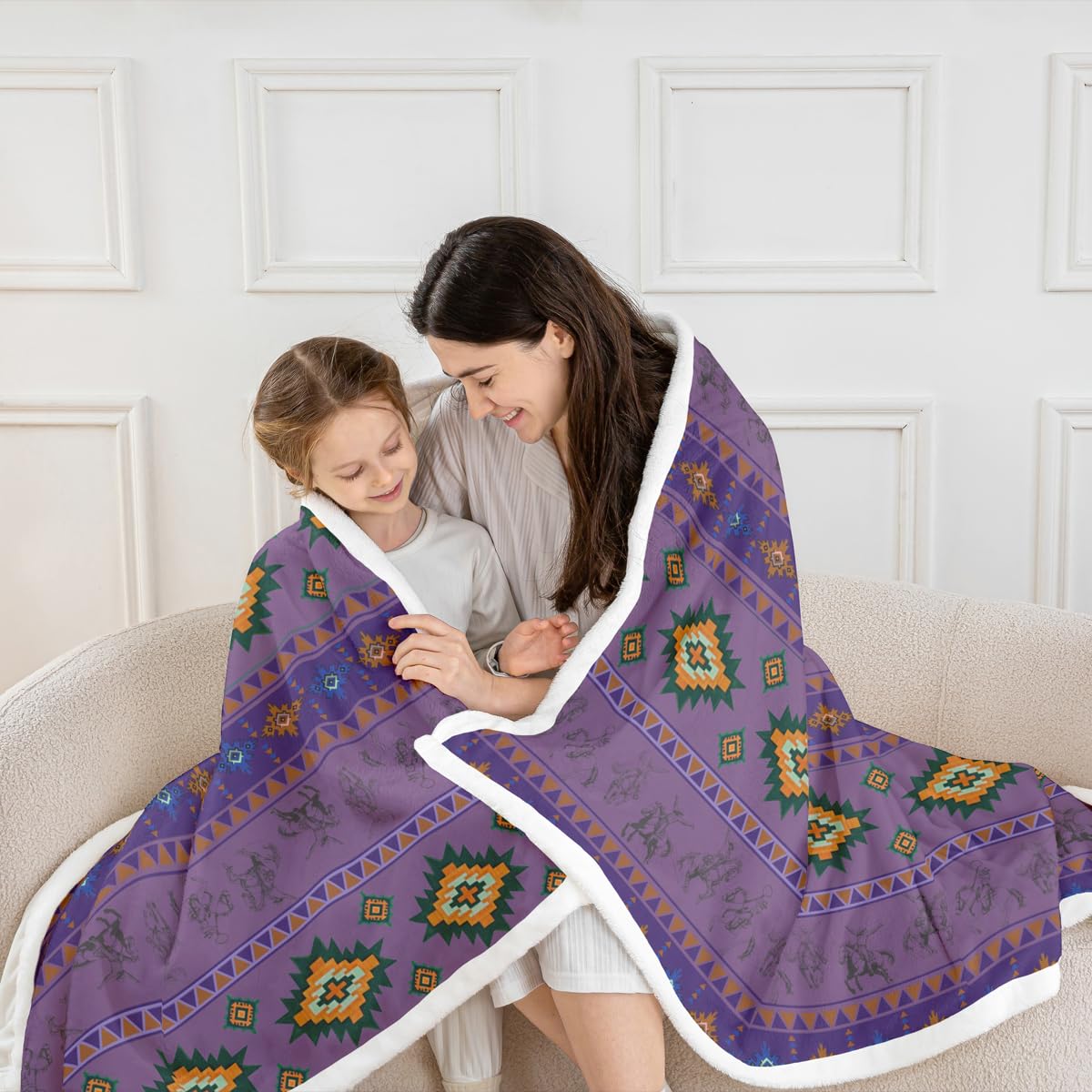 Feelyou Western Cowboy Sherpa Throw Blanket for Couch Southwestern Aztec Pattern Super Soft Cozy Fleece Horse Riding Design Blanket for Winter, Plush Throw Ranch Farmhouse 40"x50" Purple All Season
