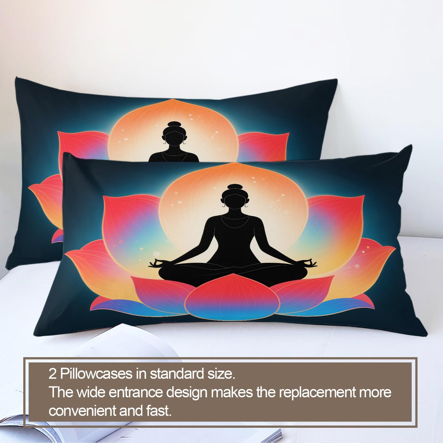 PAISUOQ Yoga Duvet Cover Queen Size, Abstract Lotus Bedding Sets, 3 Piece, Soft Microfiber Patterned Comforter Cover with Zipper Ties & 2 Pillowcase, Meditation Bedroom Decor & Gifts