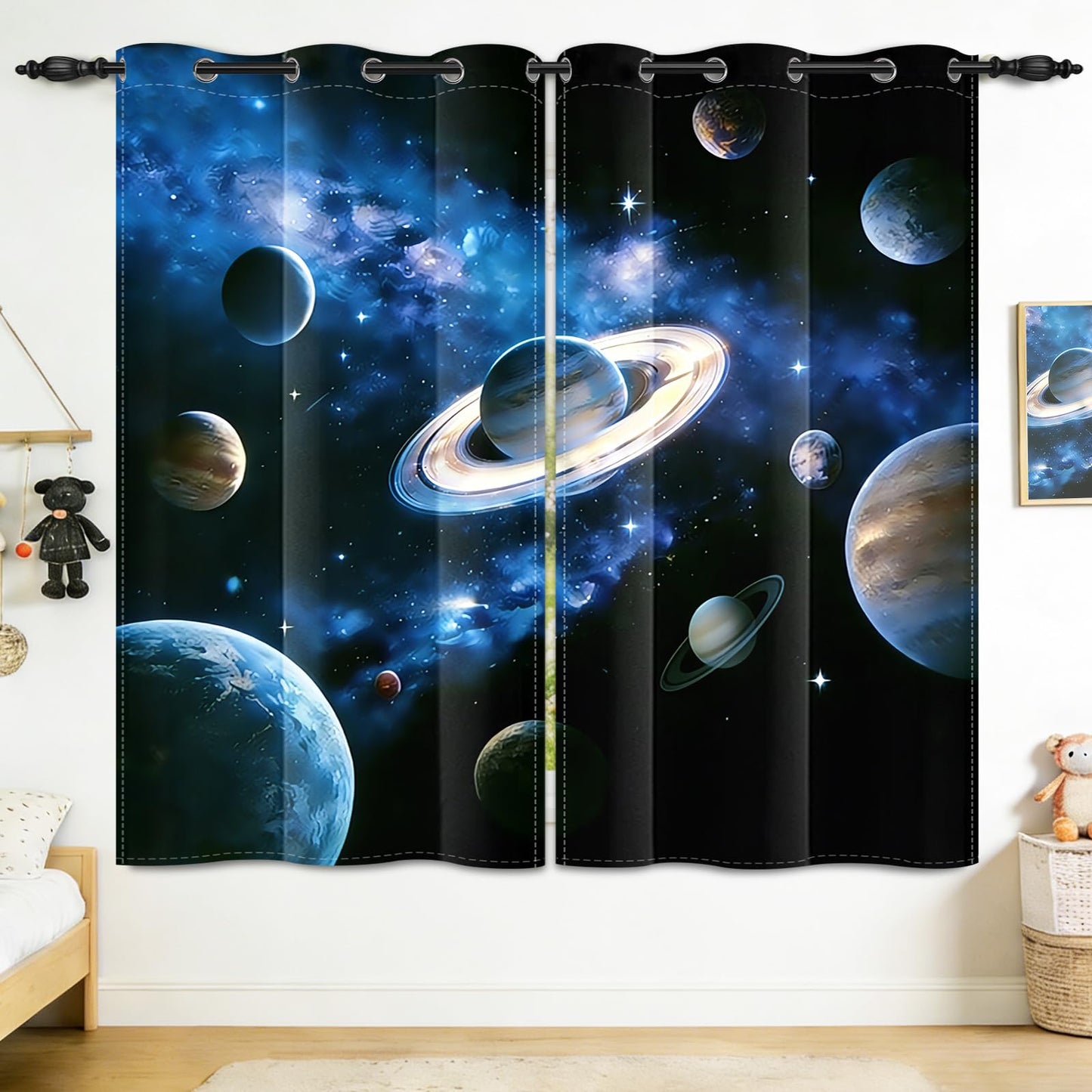 GICDSU Kids Blackout Curtains for Bedroom, Thermal Insulated Room Darkening Drapes for Boys & Girls Room, 63 Inch Length 2 Panels Set, Outer Space Galaxy Planet Saturn Print, 42W x 63L