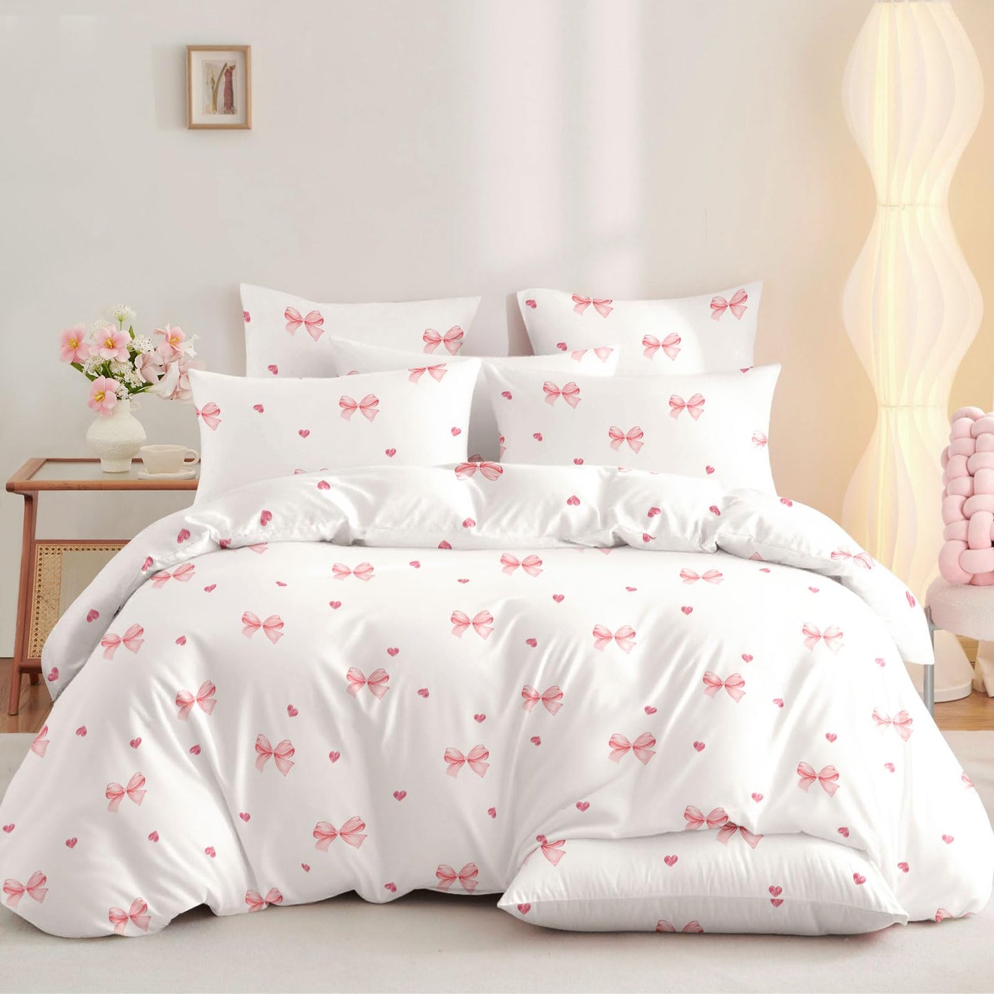 Sedefen Pink Bow Duvet Cover Queen Size Red Heart Bowknot Printed on White Duvet Cover Set Girls Princess Style Cute Kawaii Bows Love Pattern Reversible Soft Breathable Microfiber Bedding Set 3Pcs