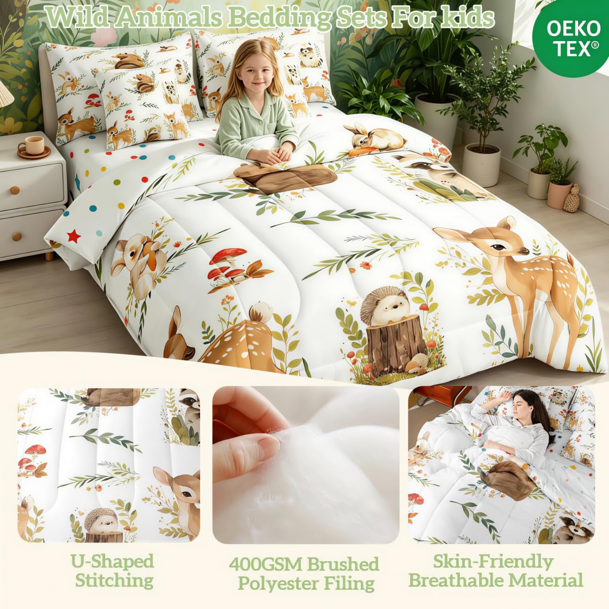 Erosebridal 7 Pcs Woodland Animals Kids Bedding Set Twin Cute Forest Raccoon Bear Deer Comforter Set with Sheets for Boys Girls Teens Jungle Safari Animals Bed in A Bag Botanical Mushroom Bed Sets