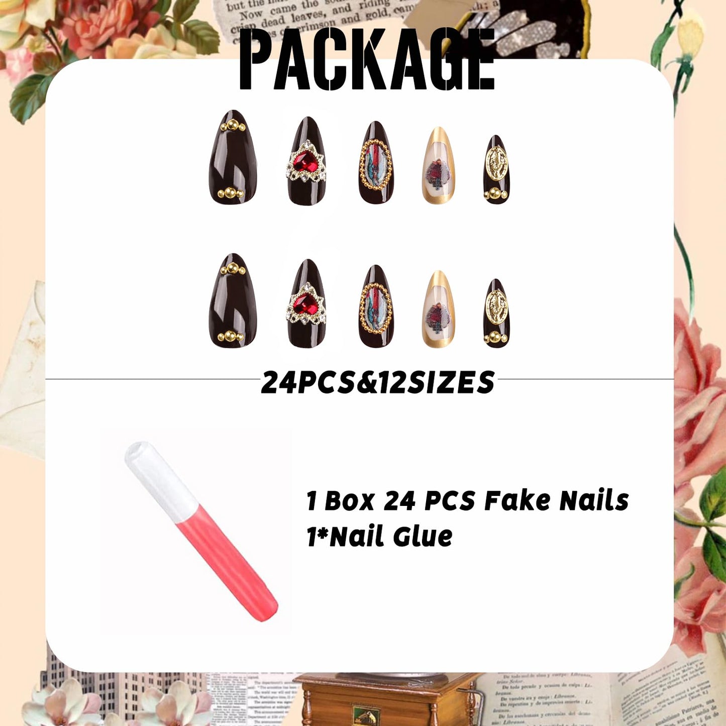 IMSOHOT Almond Press on Nails Medium Brown Fake Nails with Vintage Golden Charms Designs Glossy Glue on Nails Full Cover Gel Acrylic Stiletto Fall False Nails for Women 24Pcs