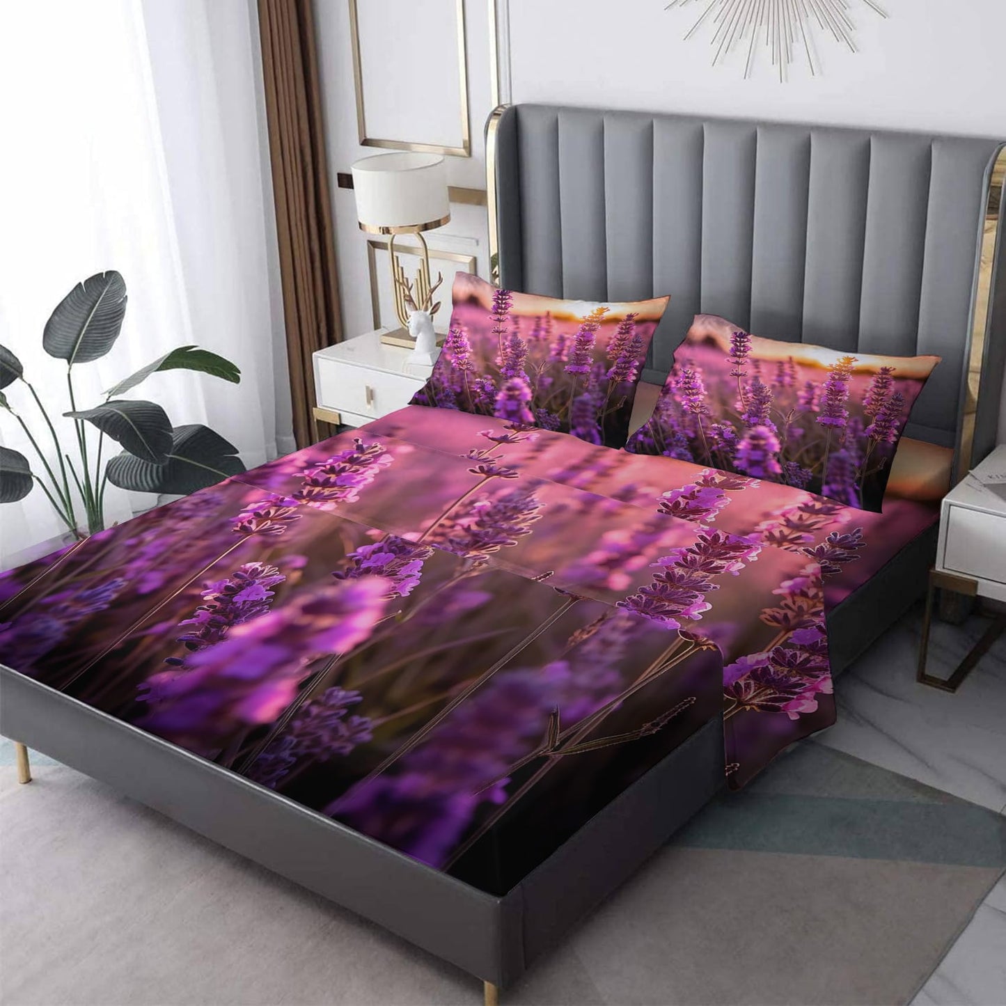 Lavender Floral Sheets King Sheet Sets - Lavender Flower Bed Sheets, Soft Microfiber & Deep Pocket & Wrinkle Free Patterned Bedding Sheets & Pillowcases, 1 Fitted Sheet, 1 Flat Sheet, 2 Pillow Cases