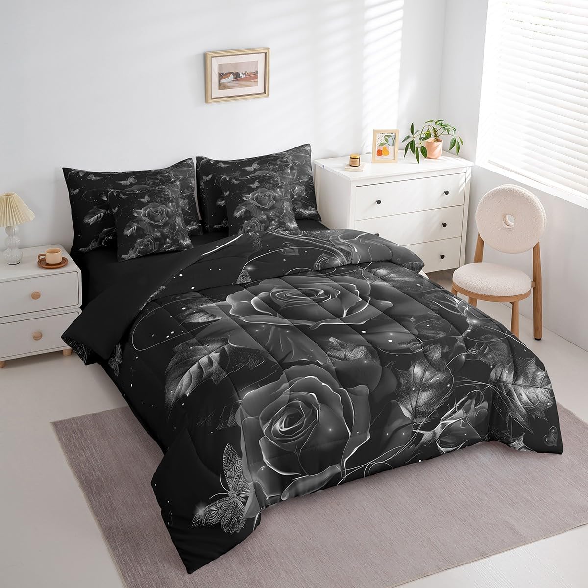 Erosebridal Rose Bedding Set Rose Flowers Queen Comforter Set 7 Piece Romantic Valentine's Day Bed in A Bag 3D Black Rose Butterfly Vine Sheet Set with Comforter for Teen Adults Bedroom Decor