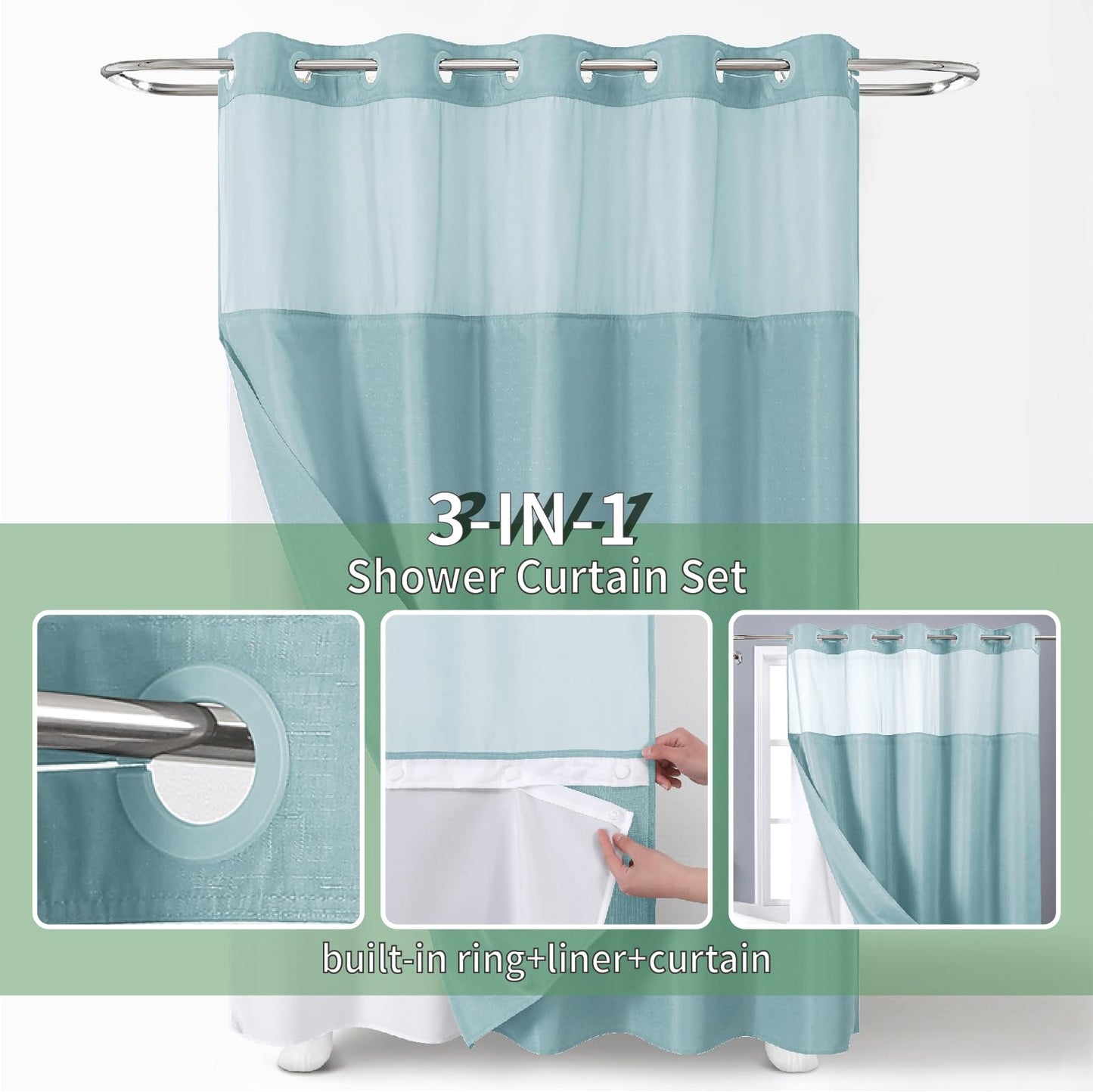eachope Teal No Hook Shower Curtain with Snap-in Fabric Liner Set,Slub Textured Fabric Shower Curtains for Bathroom,Hotel Style Modern Shower Curtain,Water Repellent & Washable,71x74(72)