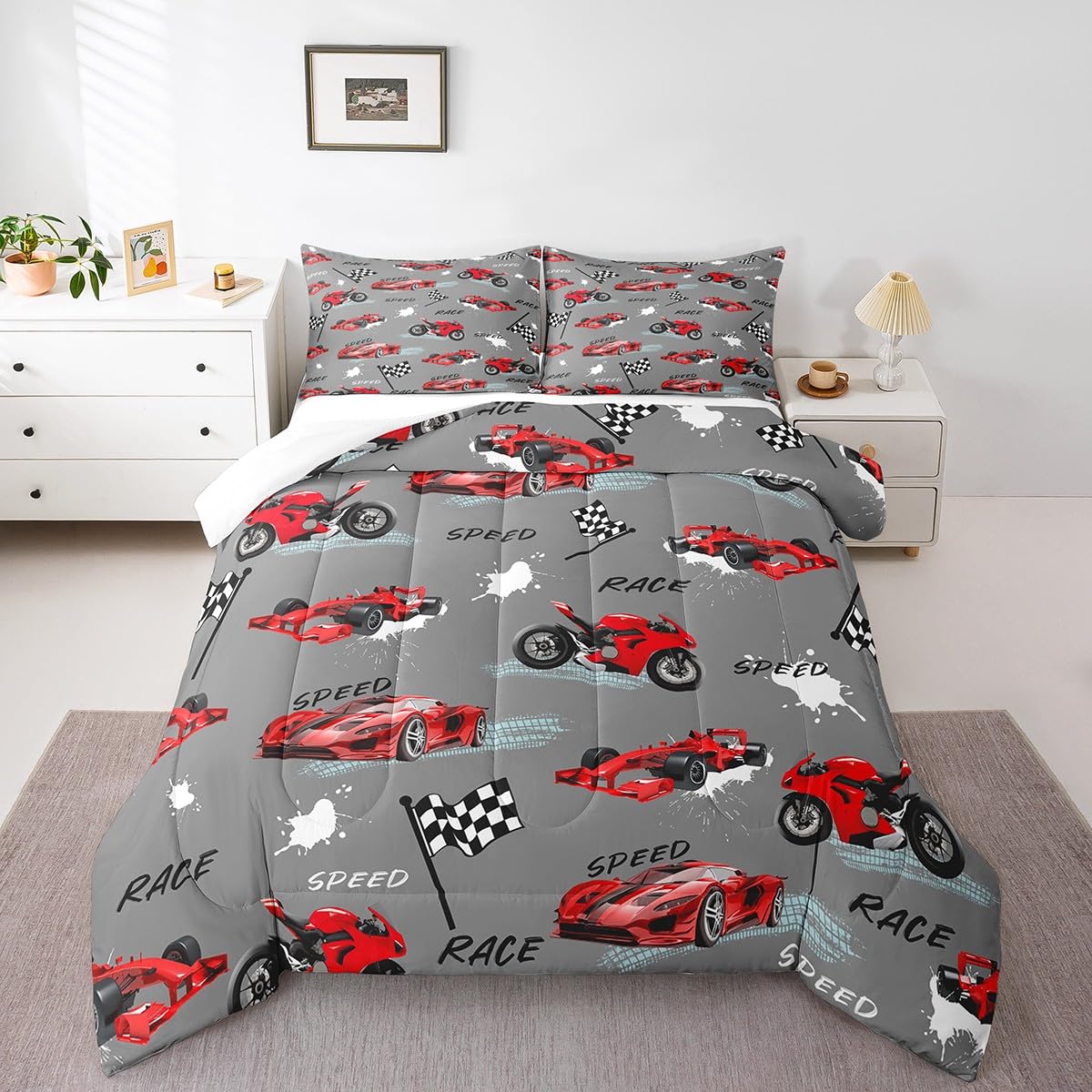 Feelyou Kids Red Grey Race Car Comforter Set Twin Size, Speed Sports Car Comforter Boys Girls Dirt Bike Motocross Bedding Set Racing Car Teens Duvet Set Bedroom Decor with 1 Pillow Case