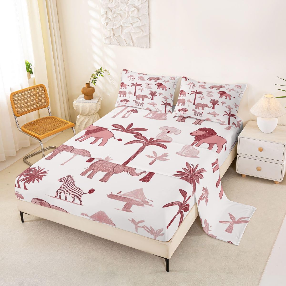 Erosebridal Jungle Animals Sheet Set Full Red Pink Bed Sheets for Kids Boys Girls African Safari Animal Flat Fitted Sheet Elephant Lion Giraffe Animal Sheets 3 Pcs
