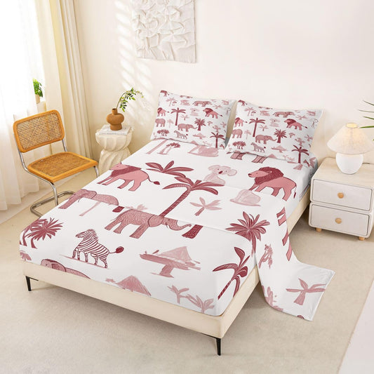 Erosebridal Jungle Animals Sheet Set Full Red Pink Bed Sheets for Kids Boys Girls African Safari Animal Flat Fitted Sheet Elephant Lion Giraffe Animal Sheets 3 Pcs
