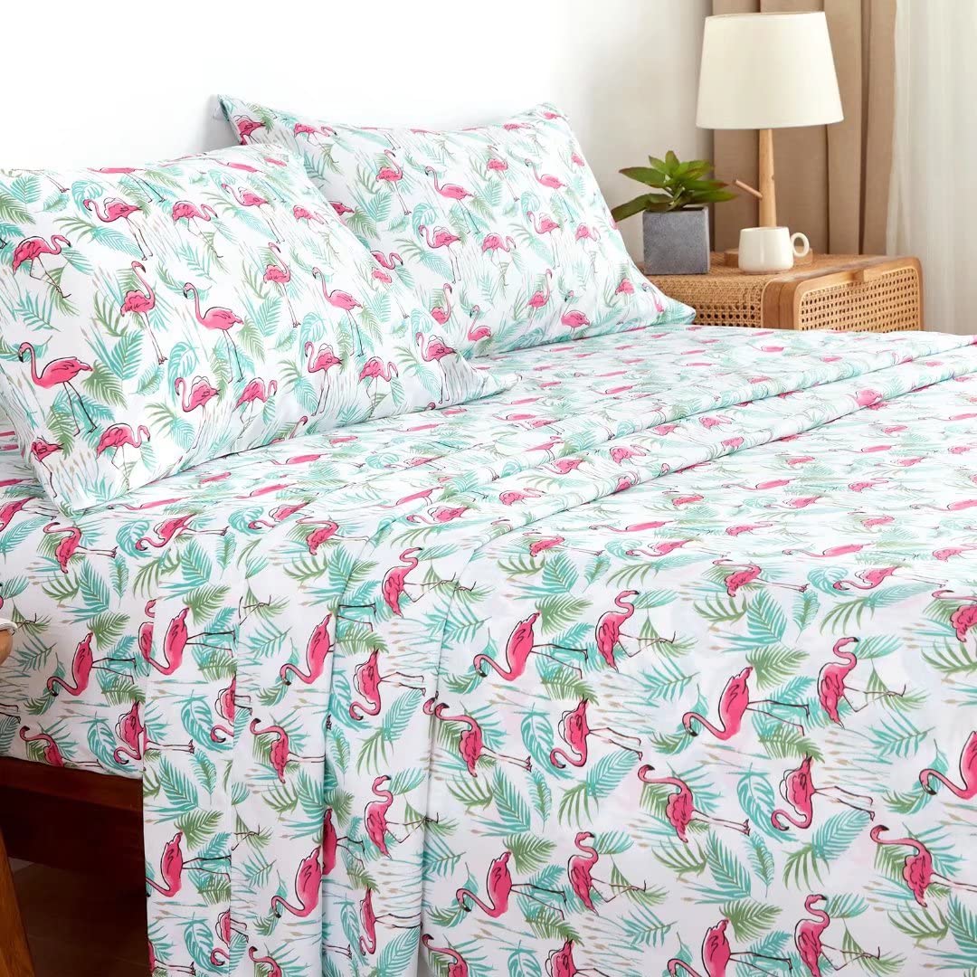 KACEMOO King Sheets Set 4PC - Soft Cooling 1800 Thread Count Micro Boho Printed Bed Sheet, 17 Inch Deep Pocket Breathable, Wrinkle Free, Machine Washable Flamingo Plants Patterned Double Bedding