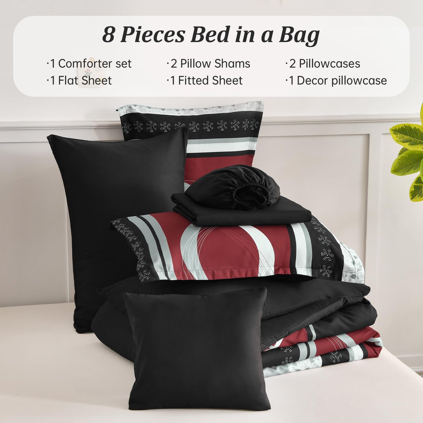 Anibedding Burgundy Comforter Set Queen Size, 8 Pieces Striped Bed in a Bag, Patchwork Comforter with Sheets Set Soft Microfiber Boho Bedding Sets(90"×90")