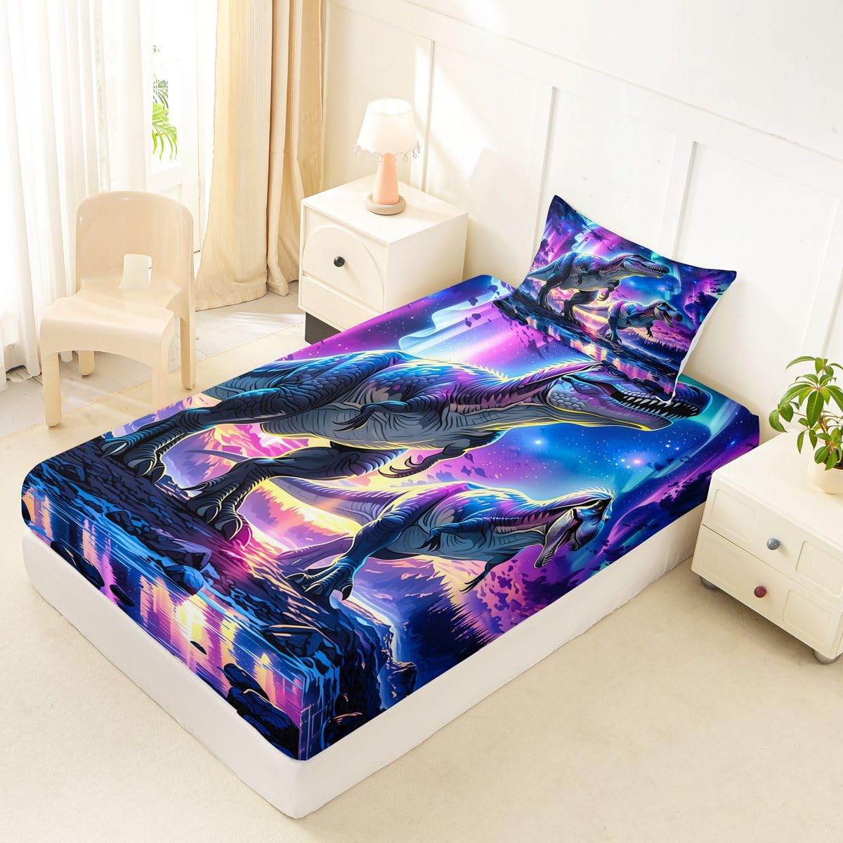 Feelyou Dinosaur Bed Sheets Set Twin Size 3D Digital Print Bed Set for Kids Boys Girls Jungle Dino Deep Pocket Fitted Sheet Wild Animal Breathable Soft Lightweight Microfiber Purple Blue