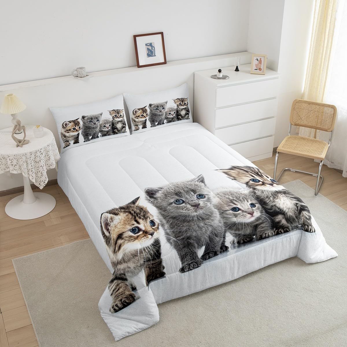 Feelyou Little Cat Bedding Set Lovely Pet Cats Comforter Cat Lover's Animal Themed Design Comforter Set for Boys Girls Kids Room Decor Cute Kitten Print Duvet Set Twin Size with 1 Pillow Case