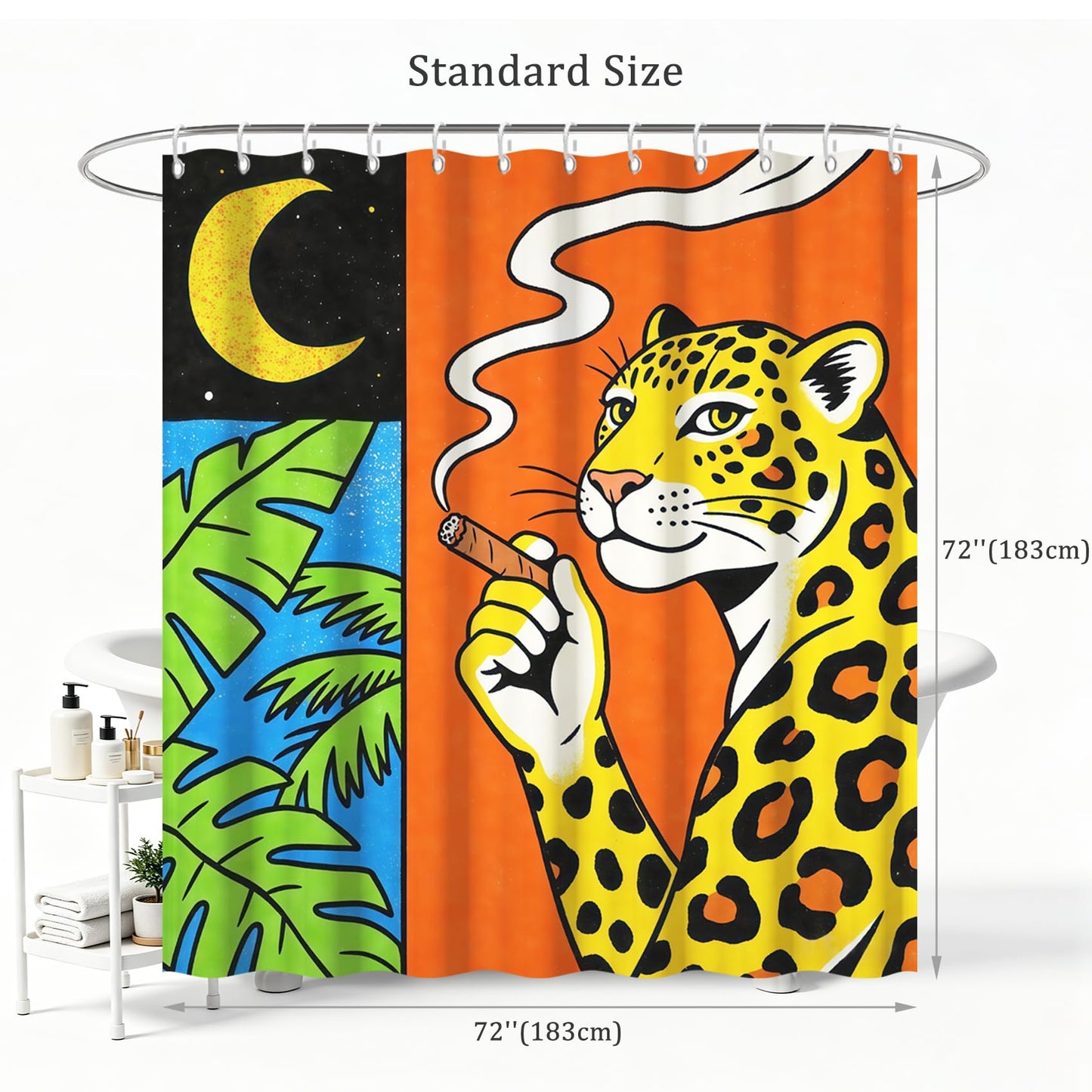 GICDSU Funny Leopard Shower Curtain with Hooks, Whimsical Abstract Tropical Shower Curtain for Bathroom,Waterproof Modern Fun Unique Shower Curtain with Smoking Cheetah Palm Moon Print, 72" x 72"