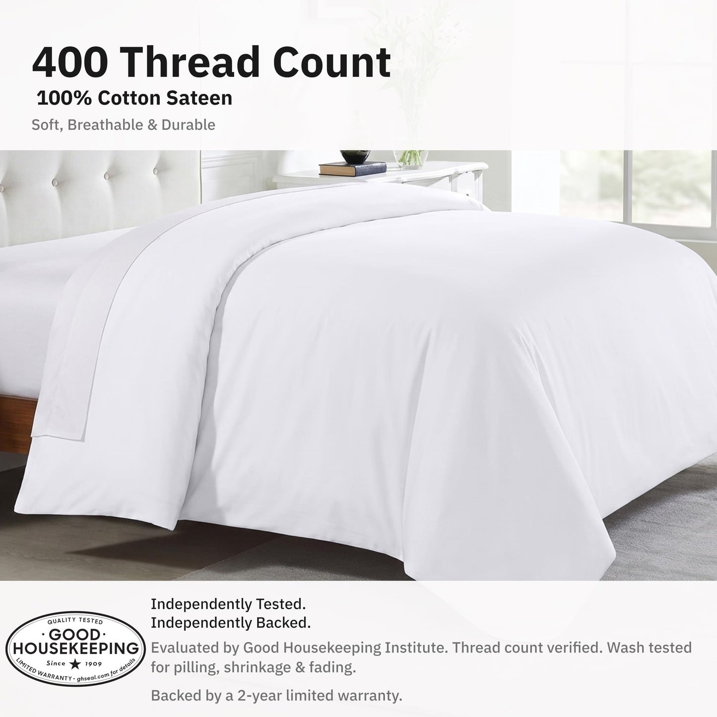 California Design Den Duvet Cover Queen Size/Full Size -Winner Good Housekeeping Best Bedding Awards 2025, 400 Thread Count Sateen, 100% Cotton Bedding Duvet Covers,Button Closure & Corner Ties -White