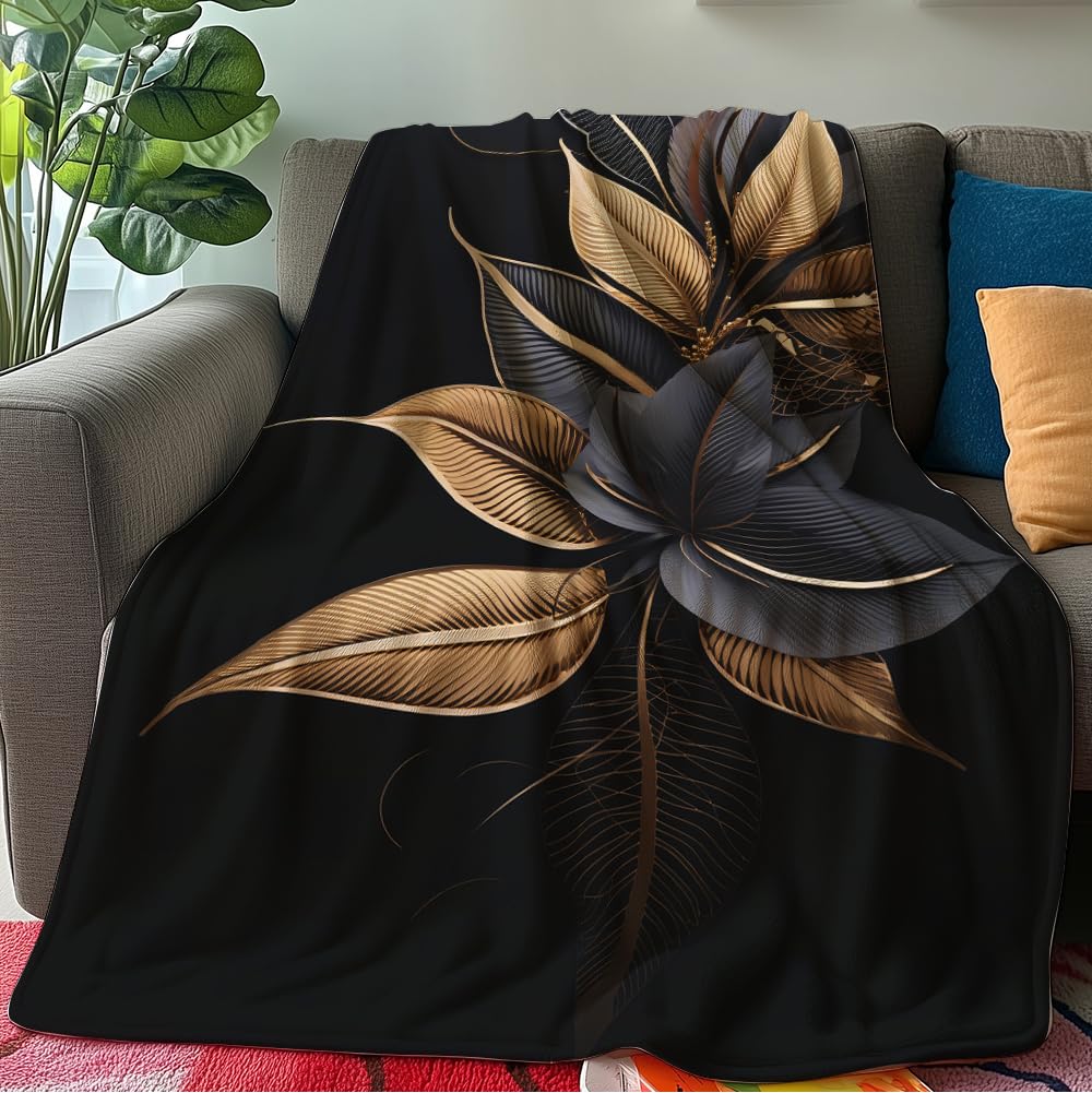HUNXIAOJ Black and Gold Throw Blanket Abstract Print Blanket Gold Leaves Throw Abstract Bedding Warm Soft Flannel for Adults Bed Sofa Couch (50 in x 60 in)