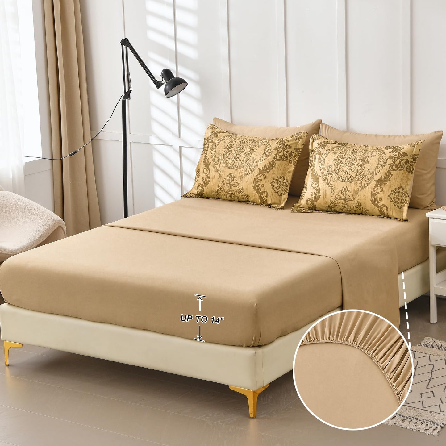WONGS BEDDING Gold Comforter Set Queen Size, Damask Texture Design 7 Pieces Bed in a Bag Microfiber Comforter Bedding Sets -1 Comforter, 1 Flat Sheet, 1 Fitted Sheet, 2 Pillow Shams, 2 Pillowcases