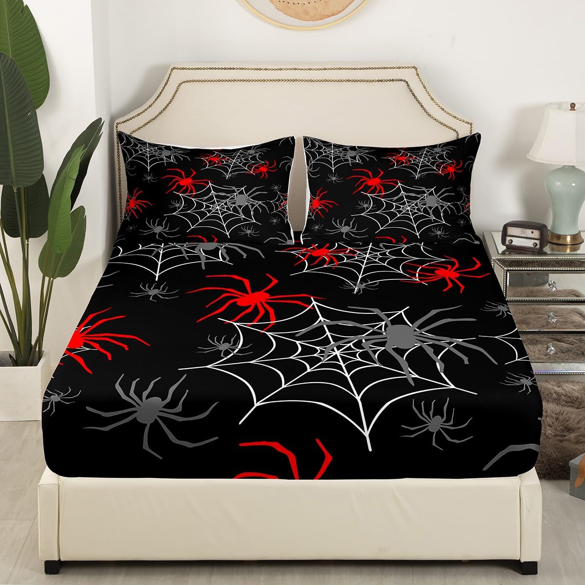 Red Black White Cobweb Fitted Sheet Full Size, Scary Halloween Decorations Bed Sheet Set Scary Spider Bedding Set Kids Toddler Red Black Gray Animal Bed Cover (2 Pillow Cases and a Fitted Sheet)