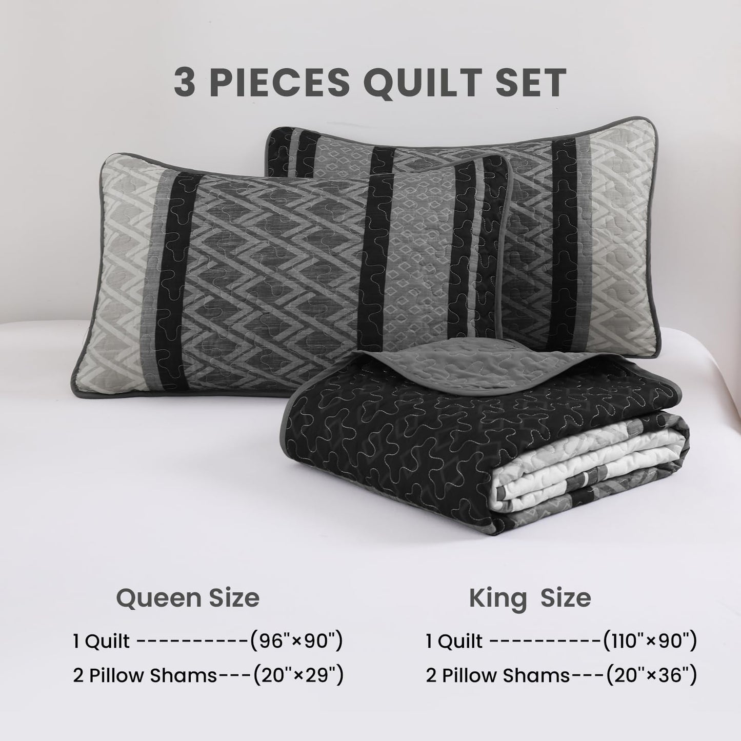 Dinjoy Queen Quilt Set Dark Grey,Striped Bedspread Queen Size, Fall Bedding Sets 3 Pieces Micofiber Lightweight Mens Quilts with 2 Pillow Shams Black Gray Coverlet Bed Sets for Family 96''x90''