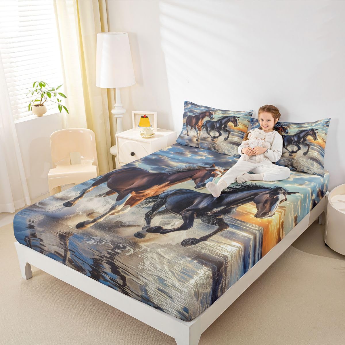 jejeloiu Horse Bed Sheets Set Queen Size Galloping Horse Bed Set for Kids Boys Girls Cute Animal Decor Deep Pocket Fitted Sheet Western Farmhouse Breathable Soft Lightweight Microfiber