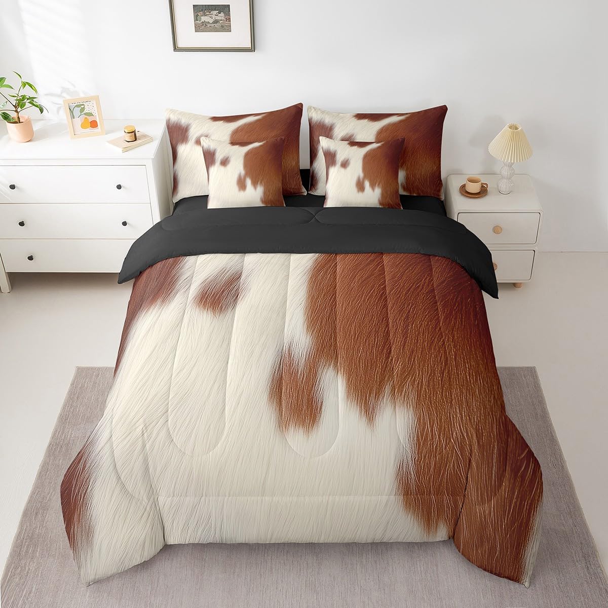 Erosebridal Cowhide Comforter Set King Size for Boys Farm Animal Fur Bedding Set 7 Piece Cute Cow Print Bed in A Bag for Kids Teens Youth Women Room Farmhouse Wildlife Skin Sheets, Breathable