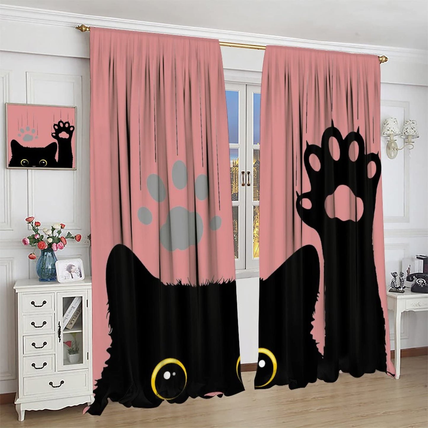 Cute Cat Blackout Curtains Lovely Cartoon Animal Cat Paw Print Black Pink Art Print for Kids Girls Bedroom Living Room Kitchen Decor Rod Pocket Window Drapes 2 Panels 42x45in