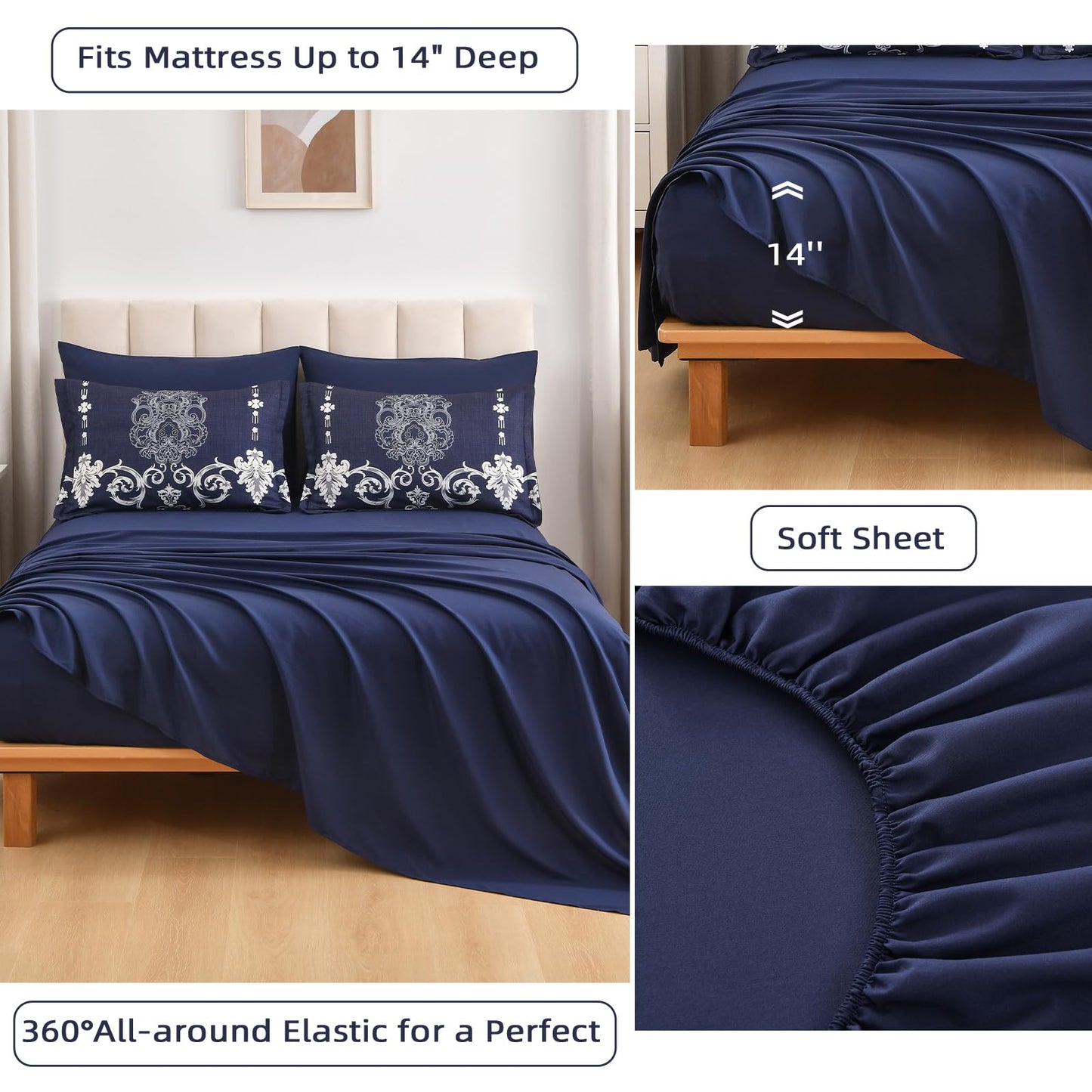 Mybedsoul Navy Blue Queen Comforter Set, 7 Pieces Boho Bed in a Bag for Queen Bed, Damask Comforter with Sheets Pillowcases, Soft Microfiber Lightweight Bedding Sets for All Season(90"x90")