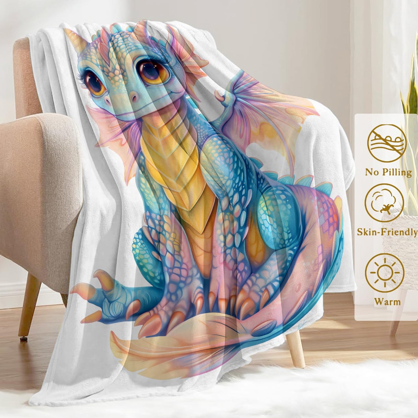 ainori Cute Dragon Flannel Blanket - Lightweight Soft Cozy Gifts Blankets for Animal Lovers, Kids, Women,Blue and Pink Art Style Throw,Elegant Home Room Modern Decor 50x60in