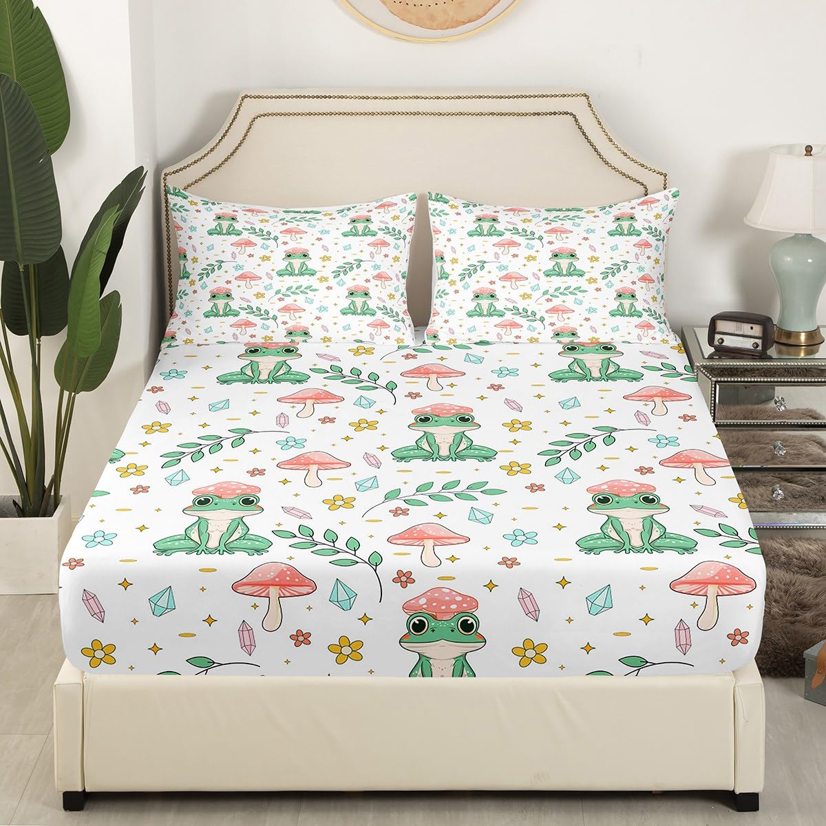Erosebridal Bed Linen Set with Frog Fitted Sheet, Pink Mushroom Decor, Twin, 1 Pillow Case