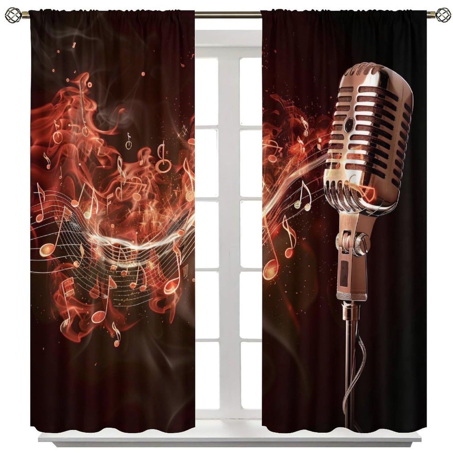 wlsgdsg Music Curtains Retro Cool and Trendy 3D Flame Art Microphone Music Notes Windows Treatments Rod Pocket Drapes for Kids Boys Girls Living Room Bedroom 42x44.5In（No Blackout）