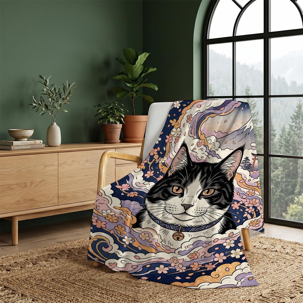 Yujiiso Japanese Ukiyo-E Tuxedo Cat Blanket Soft Throw Blanket 50" x 60"