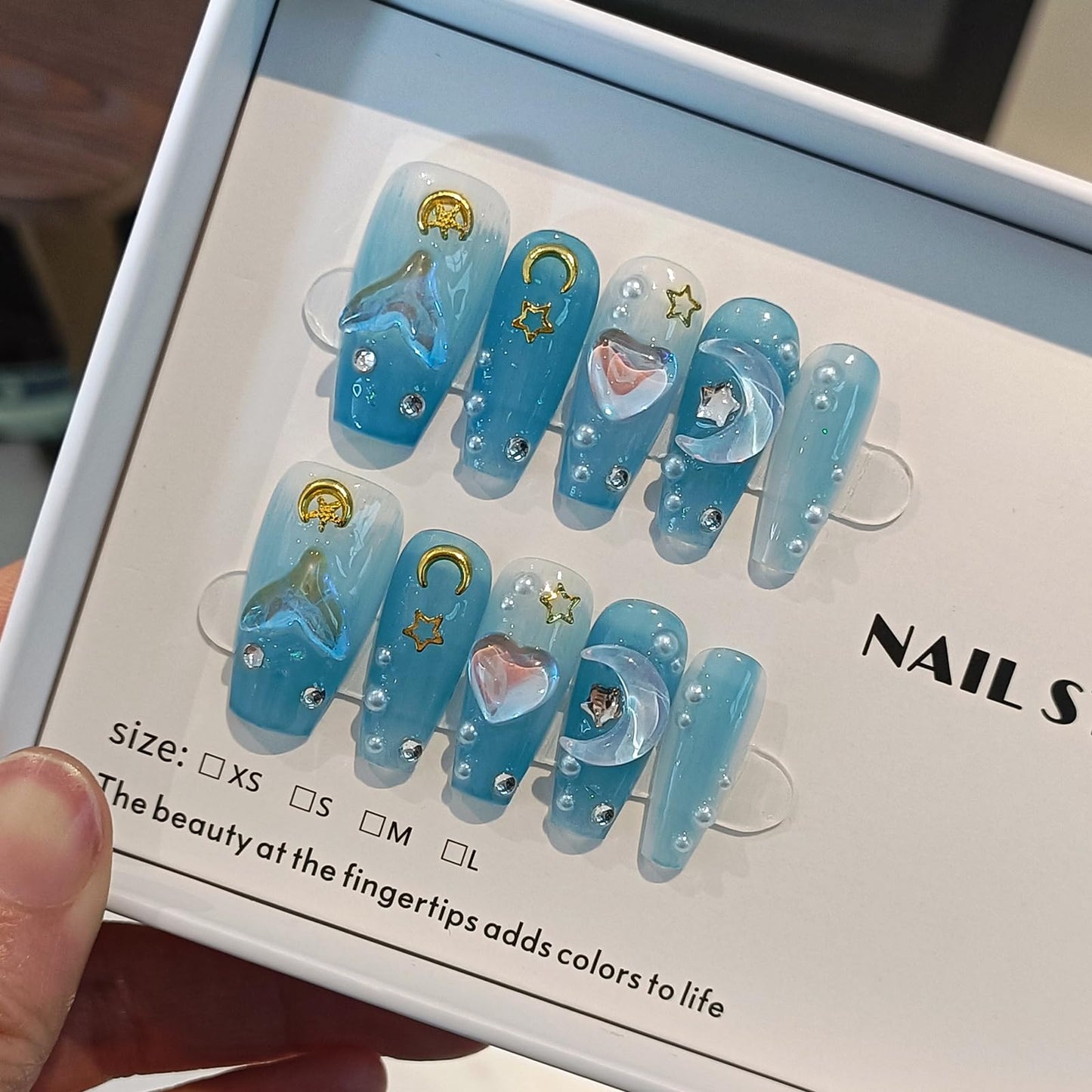 TENPAL Blue Mermaid Ombre Handmade Press on Nails Coffin,10Pcs 3D Glowing Hearts Seashells Designs Glue on Nails Kit,Ocean Siren Vibes Fake Nails for Summer, Sea Nails for Dressing(XS)