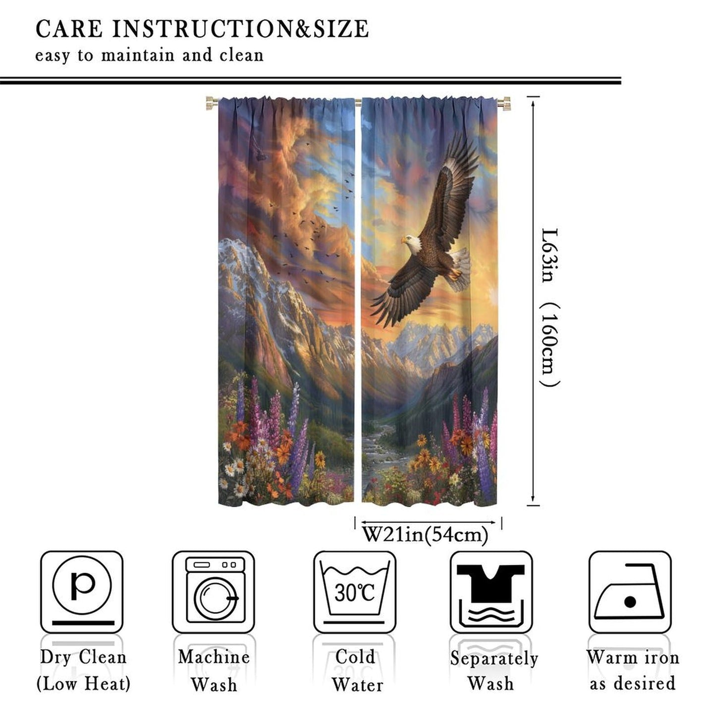 TOWINSFB Classic Mountain Garden Blackout Curtains, Nature Eagle Flower Landscape Home Decor Rod Pocket Window Drapes for Living Room Bedroom - 42" W x 63" L