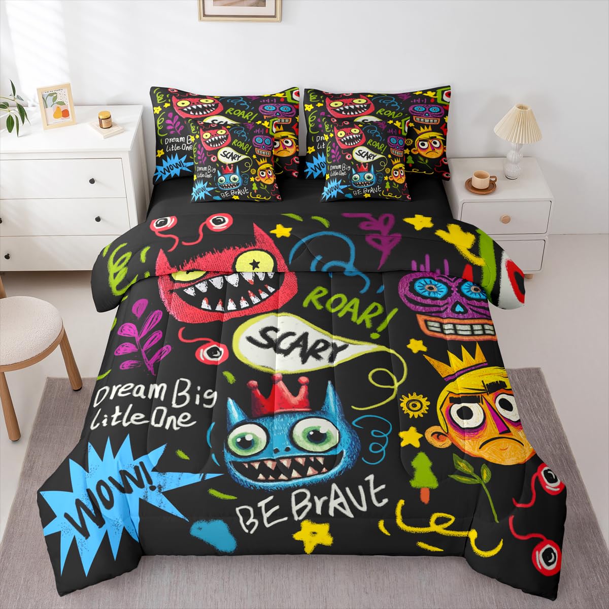 jejeloiu Hippie Graffiti Style Comforter Set Twin Size 7 Pieces Hip Hop Decor Bedding Set for Kids Boys Girls Street Culture Bed in a Bag Bedroom Decor All Season Quilted Breathable Soft Lightweight