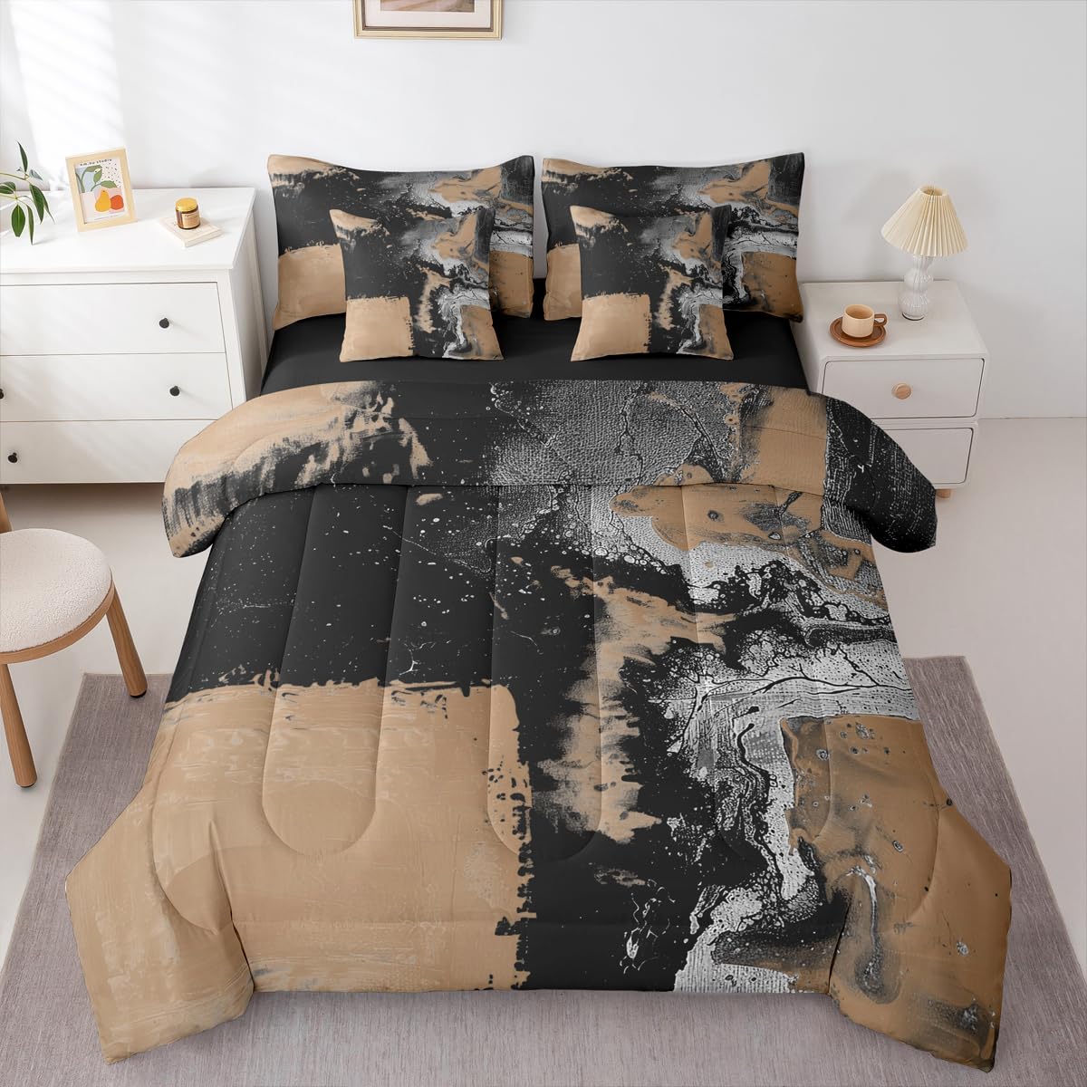 Feelyou Abstract King Comforter Set with Sheets for Kids Boys Girls Modern Abstract Art 7 Pieces Bedding Set Luxury Bed in a Bag Geometric Room Decor Brown and Balck Soft Lightweight Microfiber