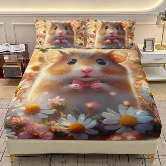 AILONEN Cute Hamster Fitted Sheet Set Twin Size, Flower Hamster Print Bedding Set for Kids Girls Teens,Pet Animal Theme Bed Sheet Set for Bedroom Decor,3 Pieces,1 Fitted Sheet and 2 Pillowcases