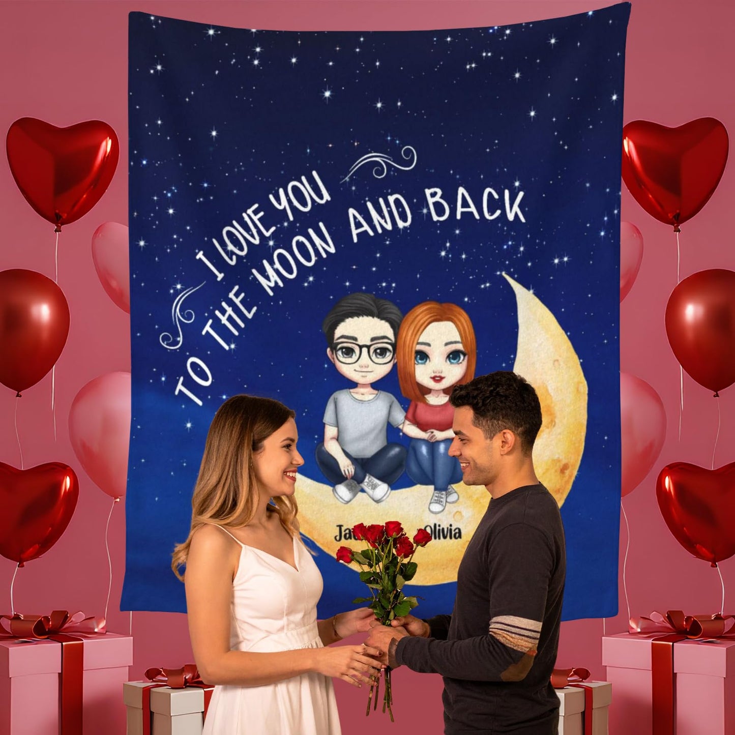 BHSHOH Personalized Couple Blanket for Girlfriend Boyfriend Love You to the Moon and Back Custom Anniversary Blanket Gifts for Husband Wife Wedding Valentine’s Day Gifts Man Woman Throw (09)