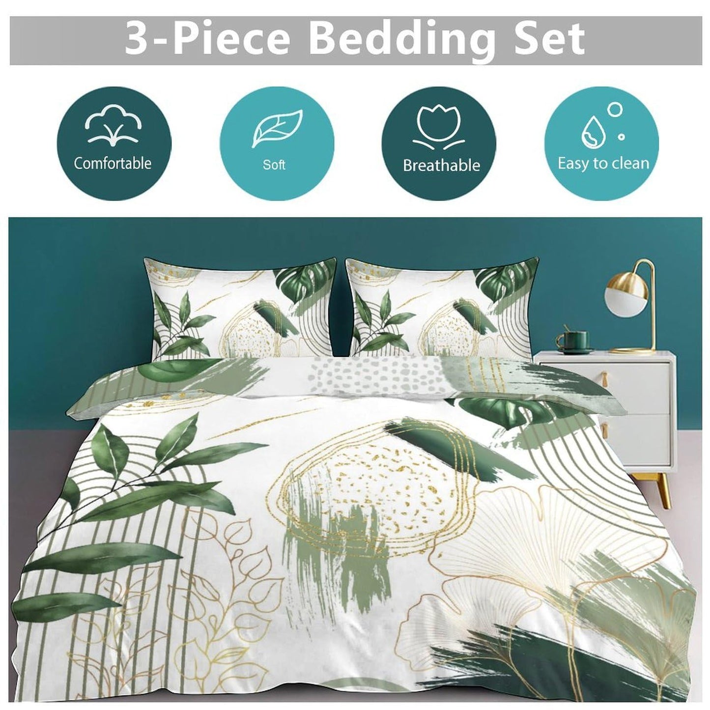 Lnepty Boho Leaf Bedding Set,Mid Century Palm Tropical Leaf Abstract Geometric Modern Minimalism Green Comforter Set with Pillowcase for Bedroom Bed Decor，Twin 86"x70"
