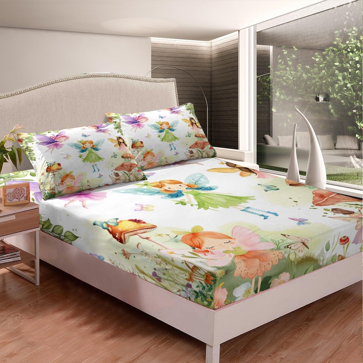 Erosebridal Fairy Garden Twin Bedding Set,Mushroom Butterfly Fitted Sheet for Girls Kids,Dreamy Fairy Floral Bed Set,Cute Girly Princess Bed Sheets 2Pcs Room Decor (No Flat Sheet)