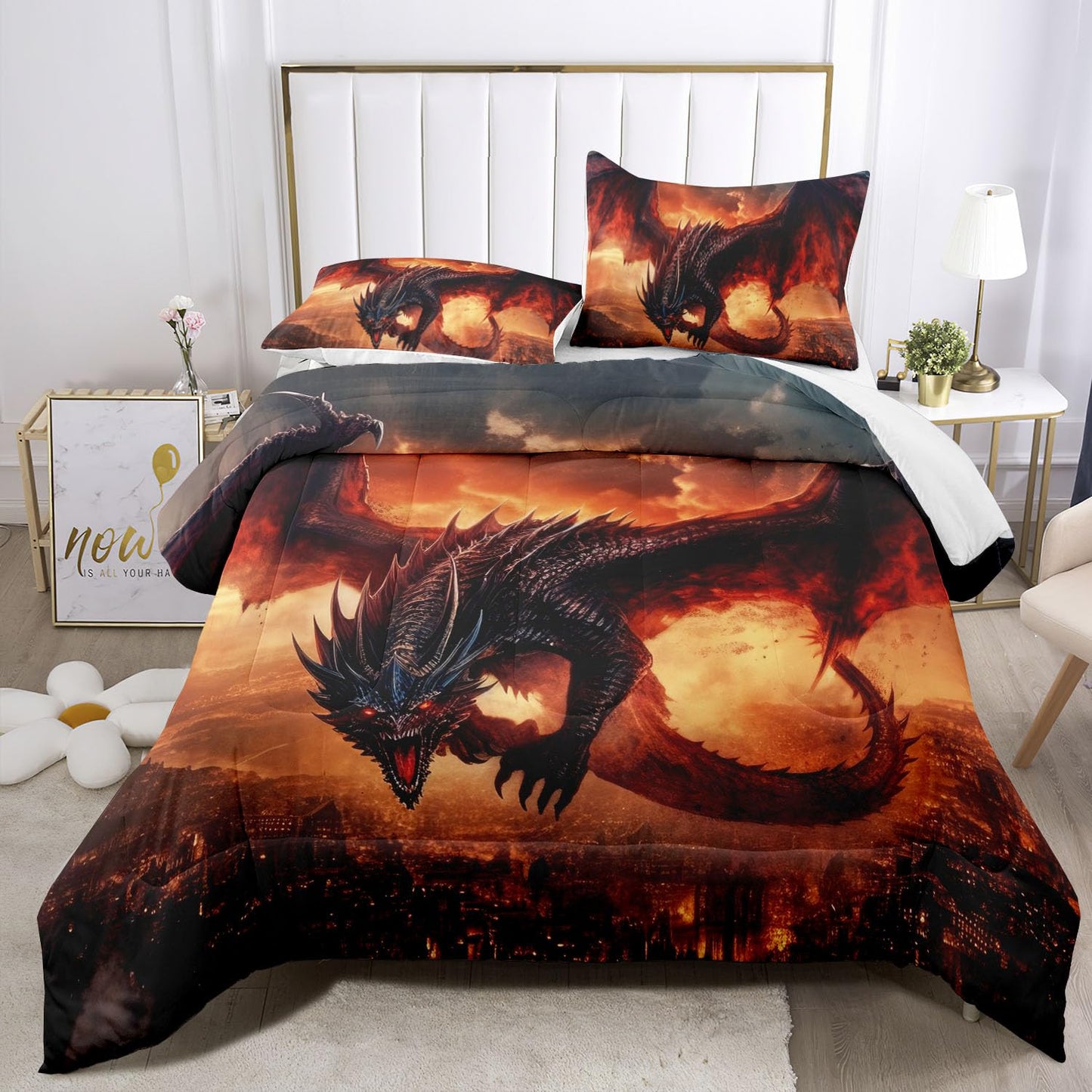 Raphus Cucullatus Dragon Comforter Set - Twin Size, Ancient Wild Animal Dragon Pattern Bedding for Boys