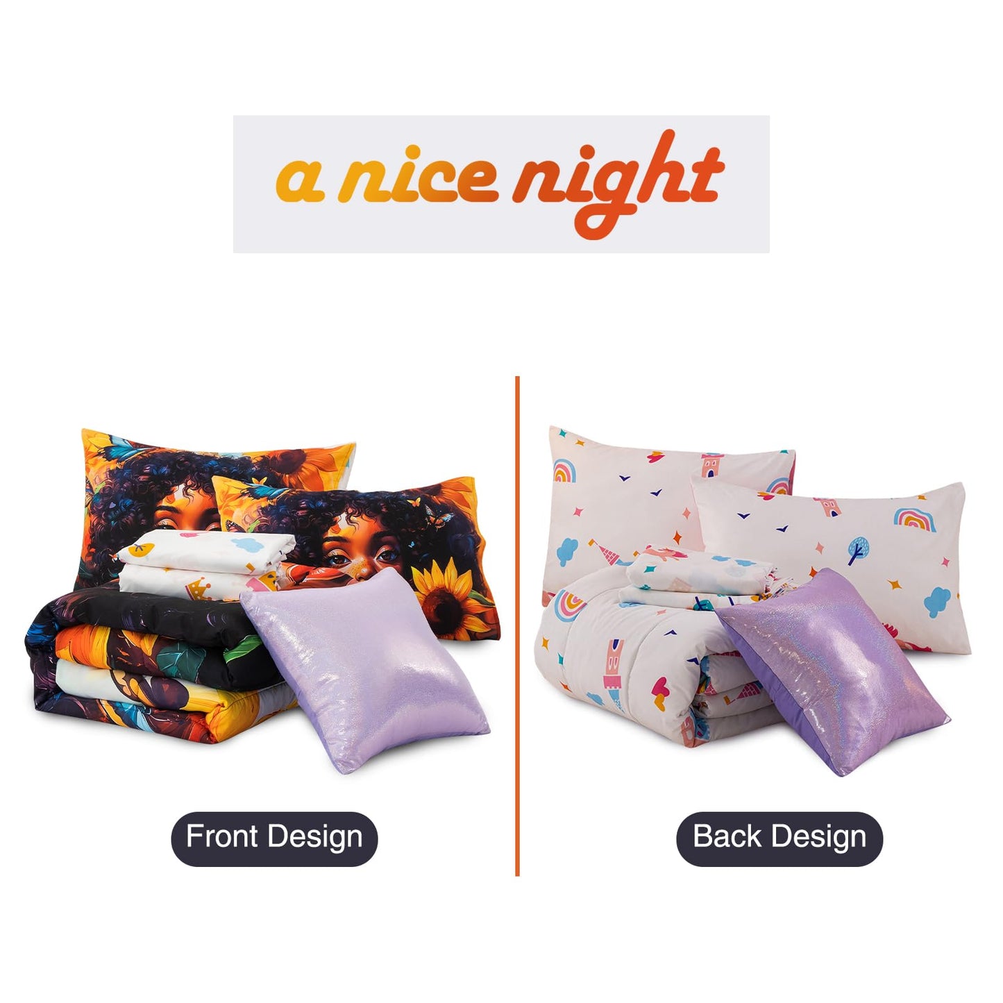 A Nice Night 6pcs Comforter Sets,Black Girl with Butterfly Flying Printed, Sunflower Flowering Shrubs Background Kids Bedding Set,Twin