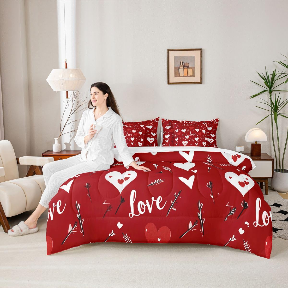 Erosebridal Red Valentines Day Full Bedding Set - Valentines Love Heart Bed in A Bag,Heart Printed Comforter Sets with Sheets, Couple Romance Gifts 7 Pieces Bed Set Bedroom Decor