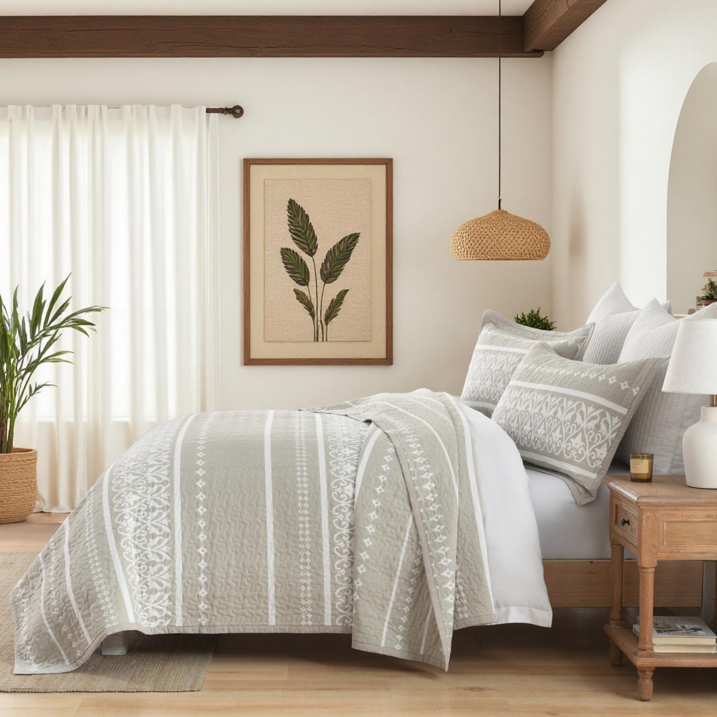 BCOTTOND Queen Quilt Set, 100% Cotton Boho Quilt Queen Size Bohemian Striped Pattern Bedspread Queen Lightweight Quilt Bedding Set Comforter Set All Season, 3 Pieces, Beige Grey